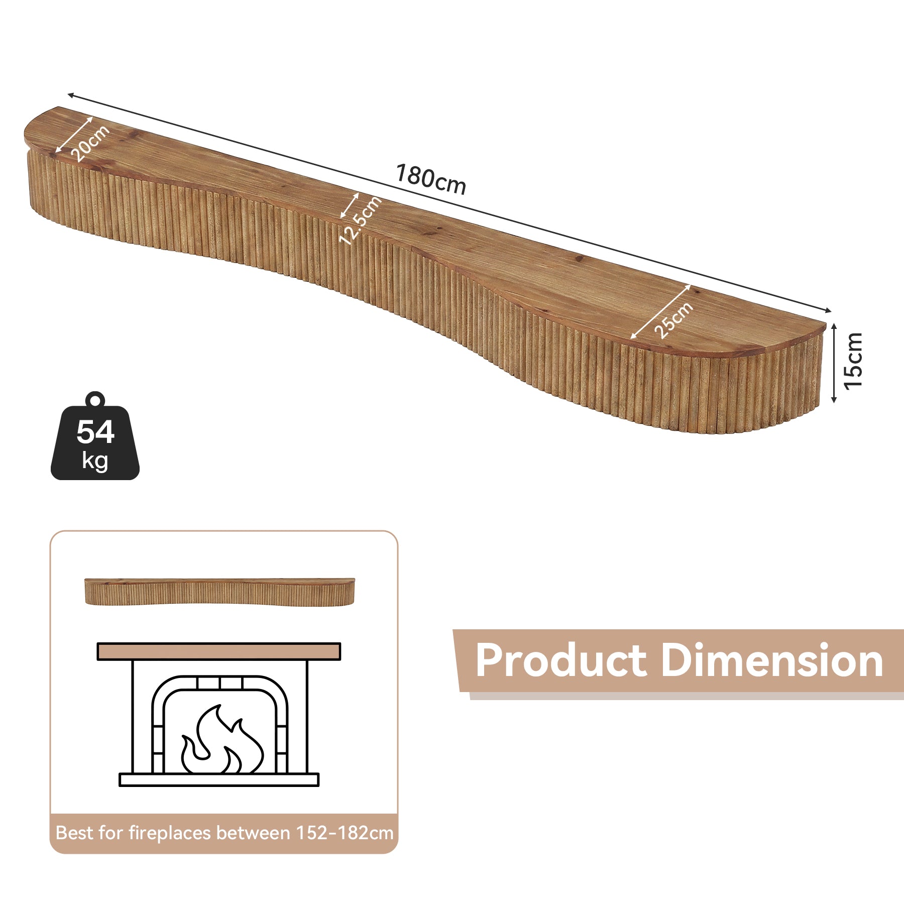 Tribesigns Floating Mantel Shelf aus Massivholz 180 cm, Kaminregal mit Geriffeltem Design