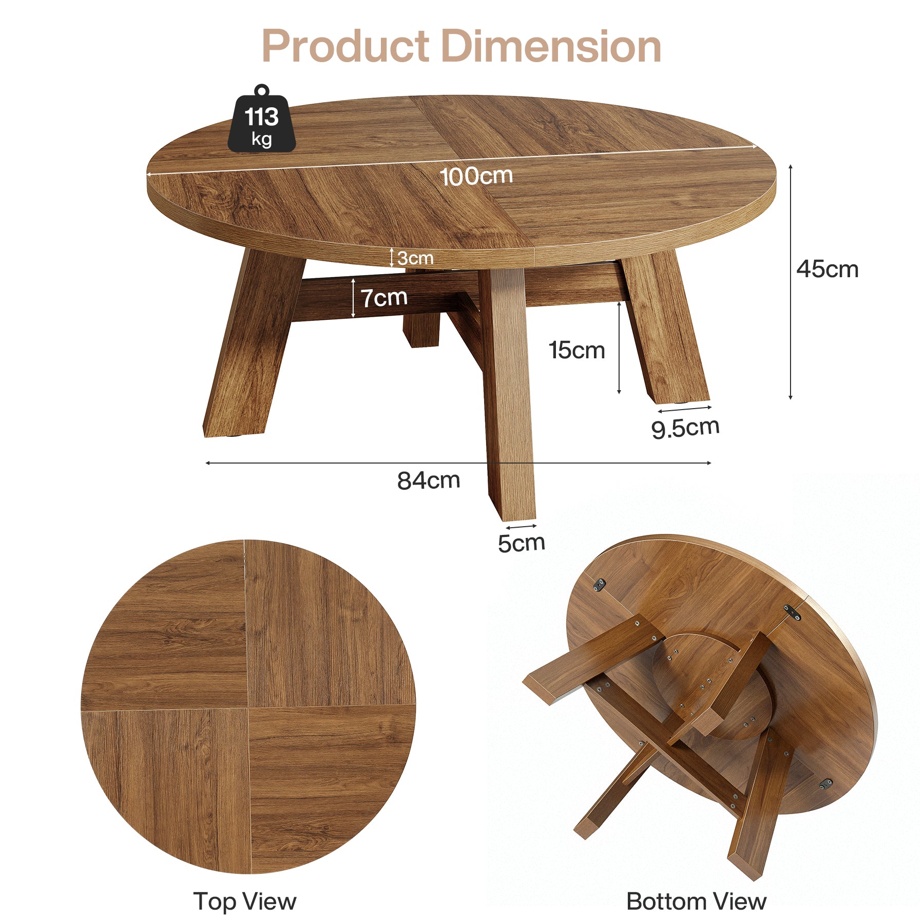 Runder Couchtisch 80 cm im Mid-Century-Stil, Wohnzimmertisch aus Holz mit verstärkter Kreuzstrebe