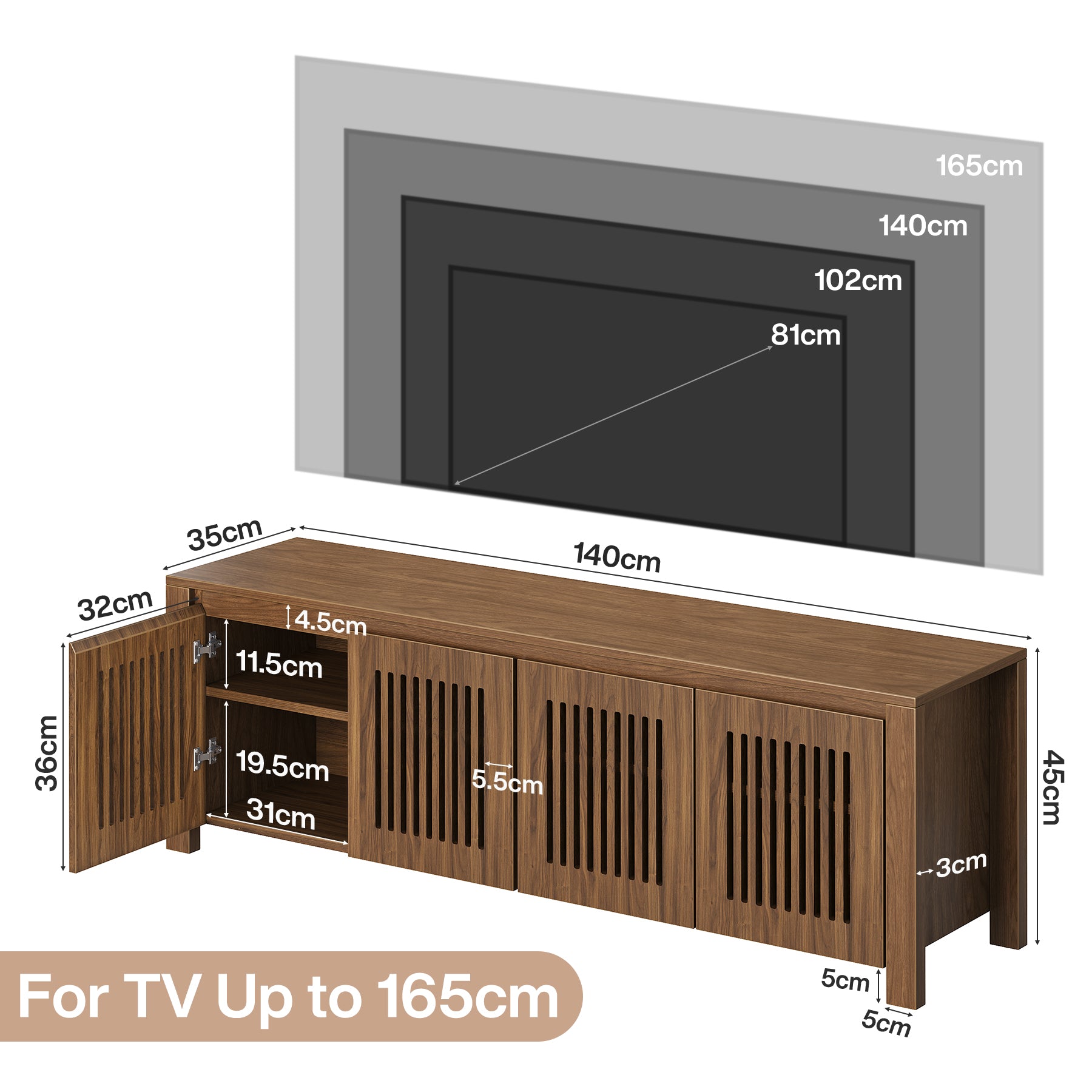 Tribesigns TV Lowboard 140 cm für Fernseher bis 65 Zoll, TV-Schrank mit Lamellentüren & 8 Staufächern