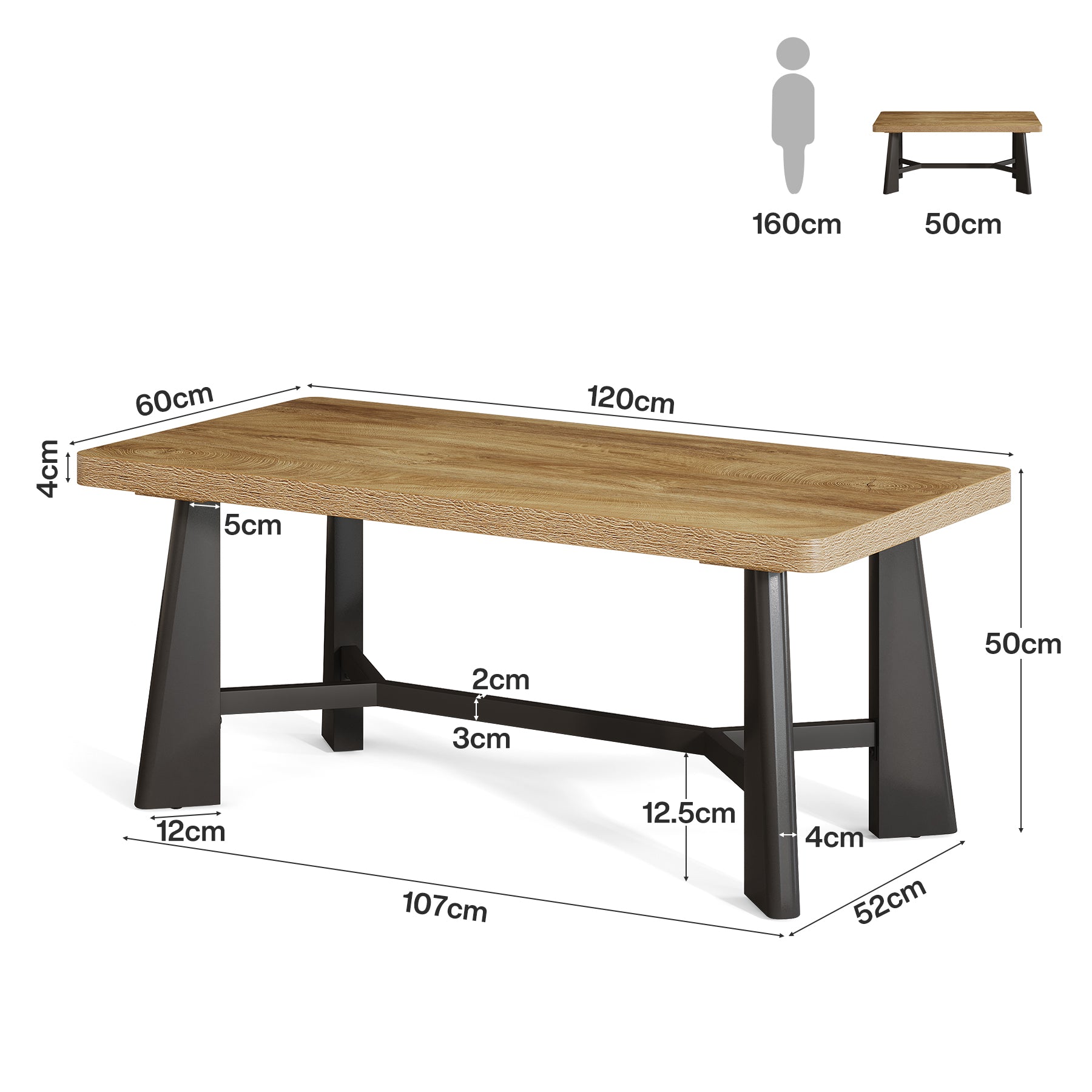 Tribesigns Couchtisch 120 × 60 cm, Rechteckiger Wohnzimmertisch mit Metallgestell