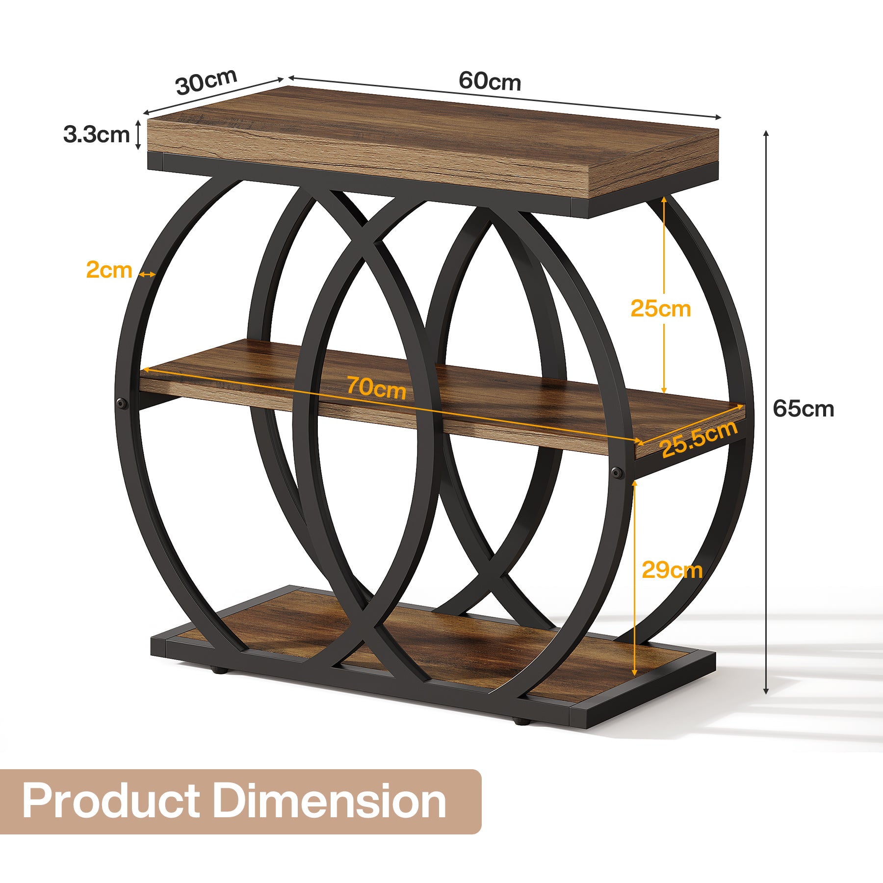 Tribesigns Schmaler Beistelltisch 60 cm mit 3 Ablagen im Industrial-Stil mit Metallgestell