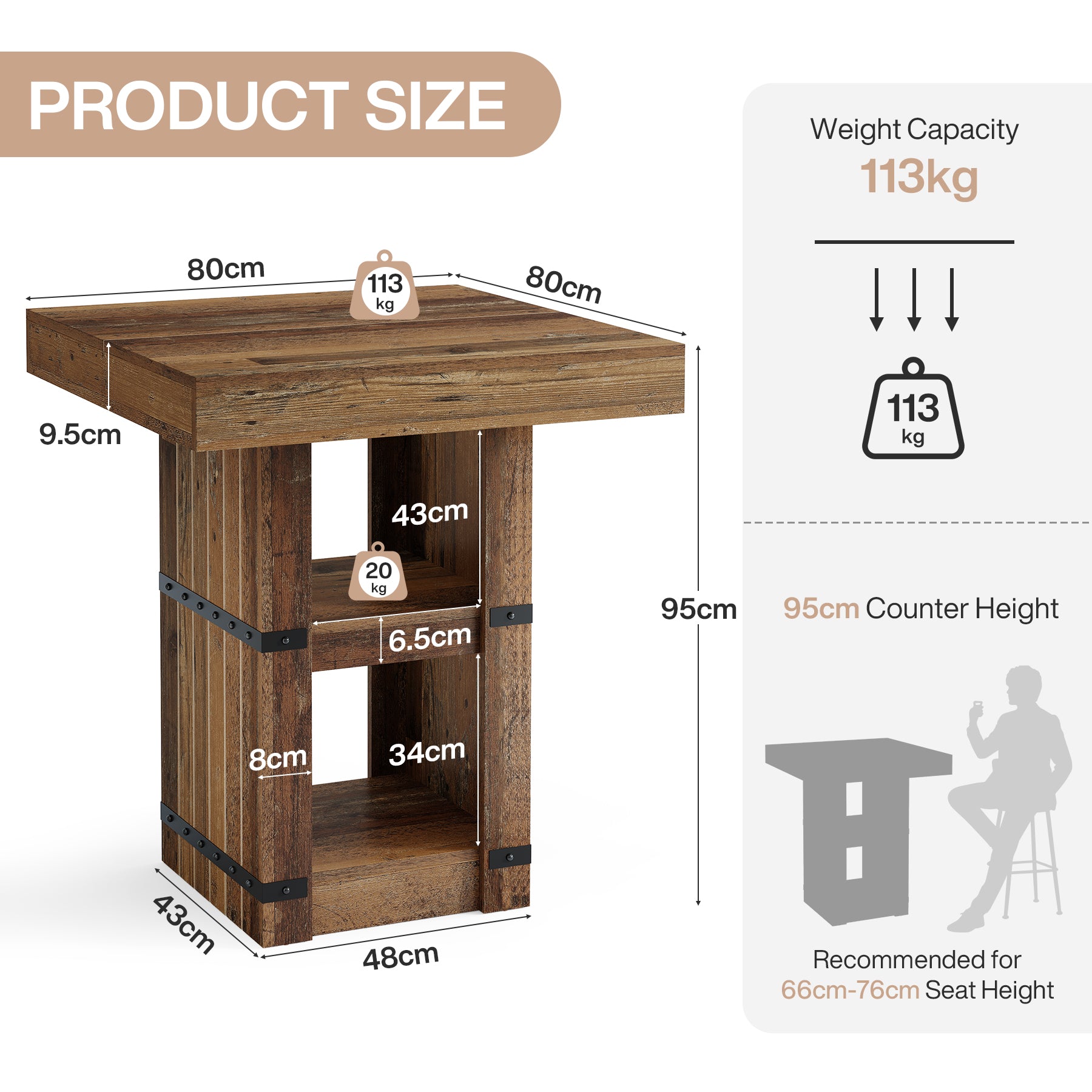 Tribesigns Bartisch 80 × 80 cm mit Stauraum, Hoher Stehtisch 95 cm, Küchentisch im Industrial-Landhausstil