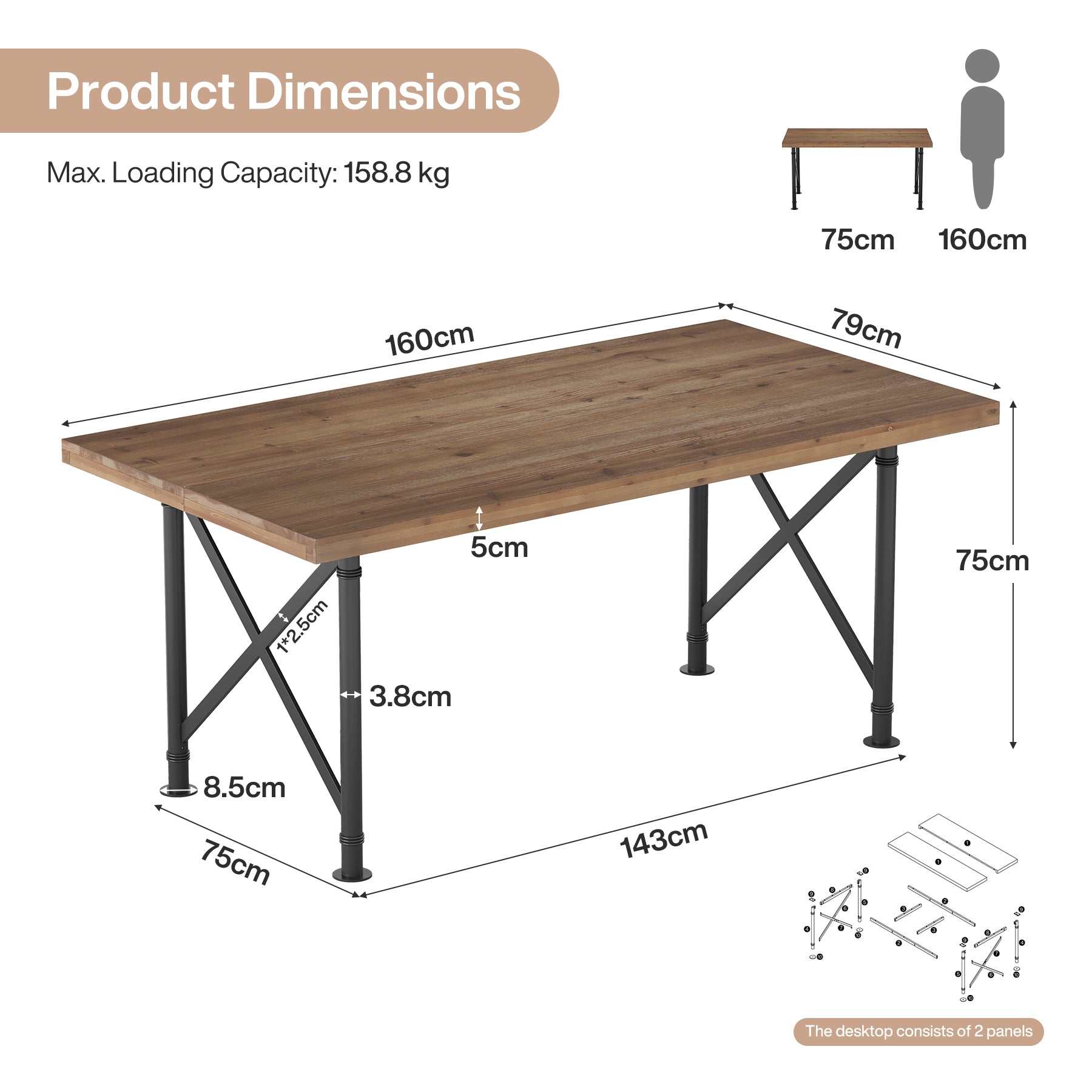 Massivholz Schreibtisch 160 × 80 cm, Computertisch mit X-Metallbeinen für Homeoffice