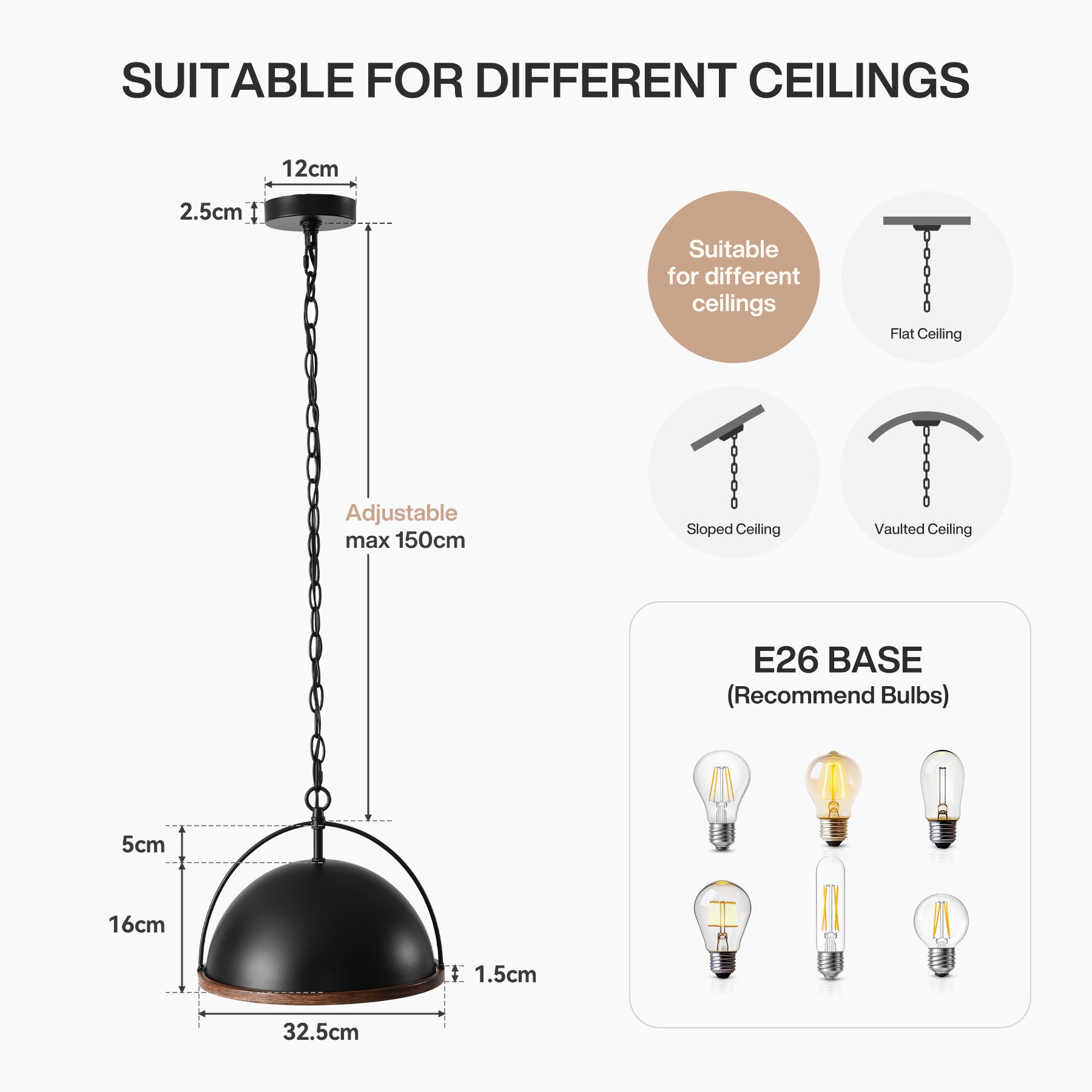 Tribesigns Industrie-Pendelleuchte Ø33 cm, Höhenverstellbare Hängeleuchte mit Metallschirm in Schwarz, E27 Deckenlampe