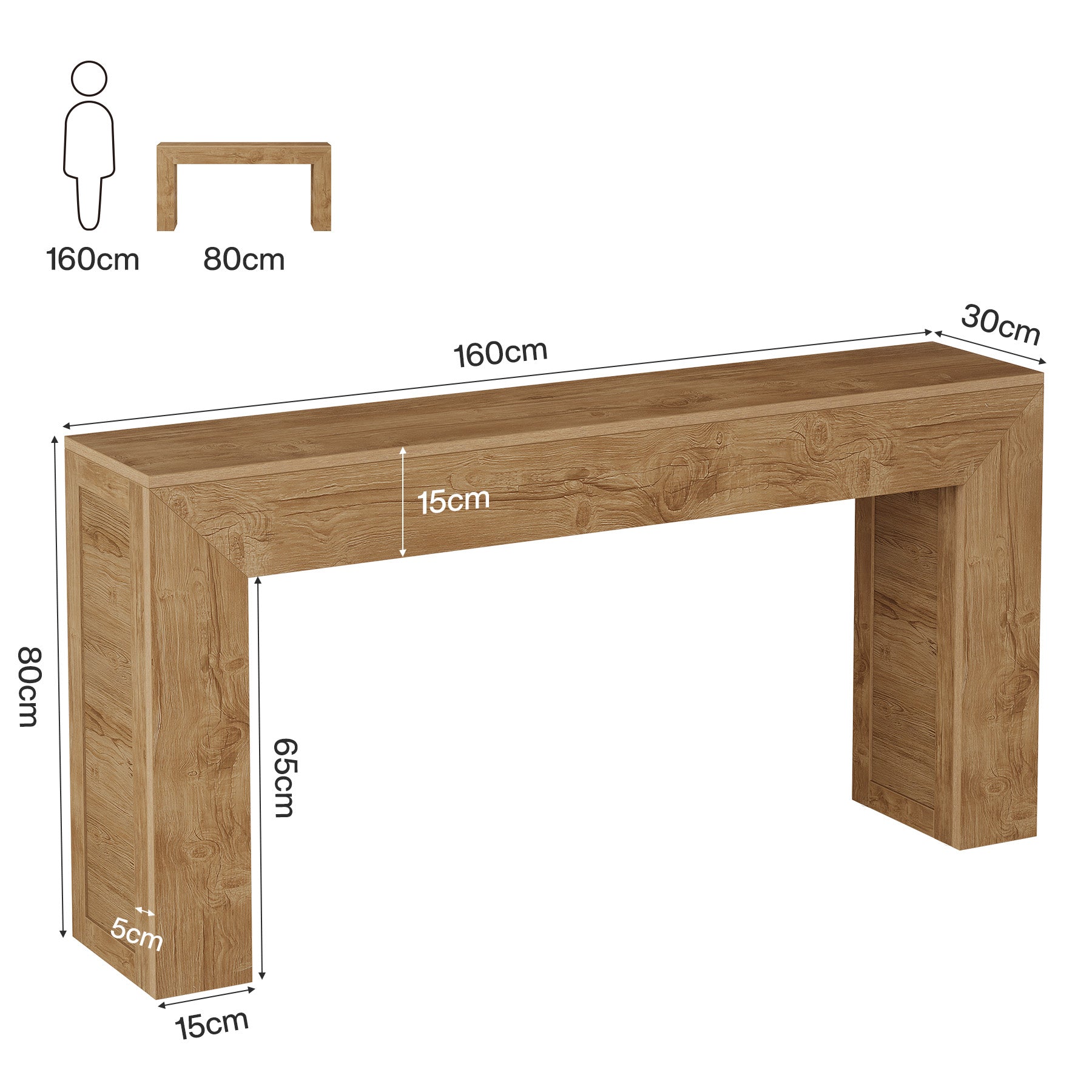 160 cm Industrieller Flurtisch in Hellbraun – Schmaler Sofatisch & Eingangstisch mit Holzoptik