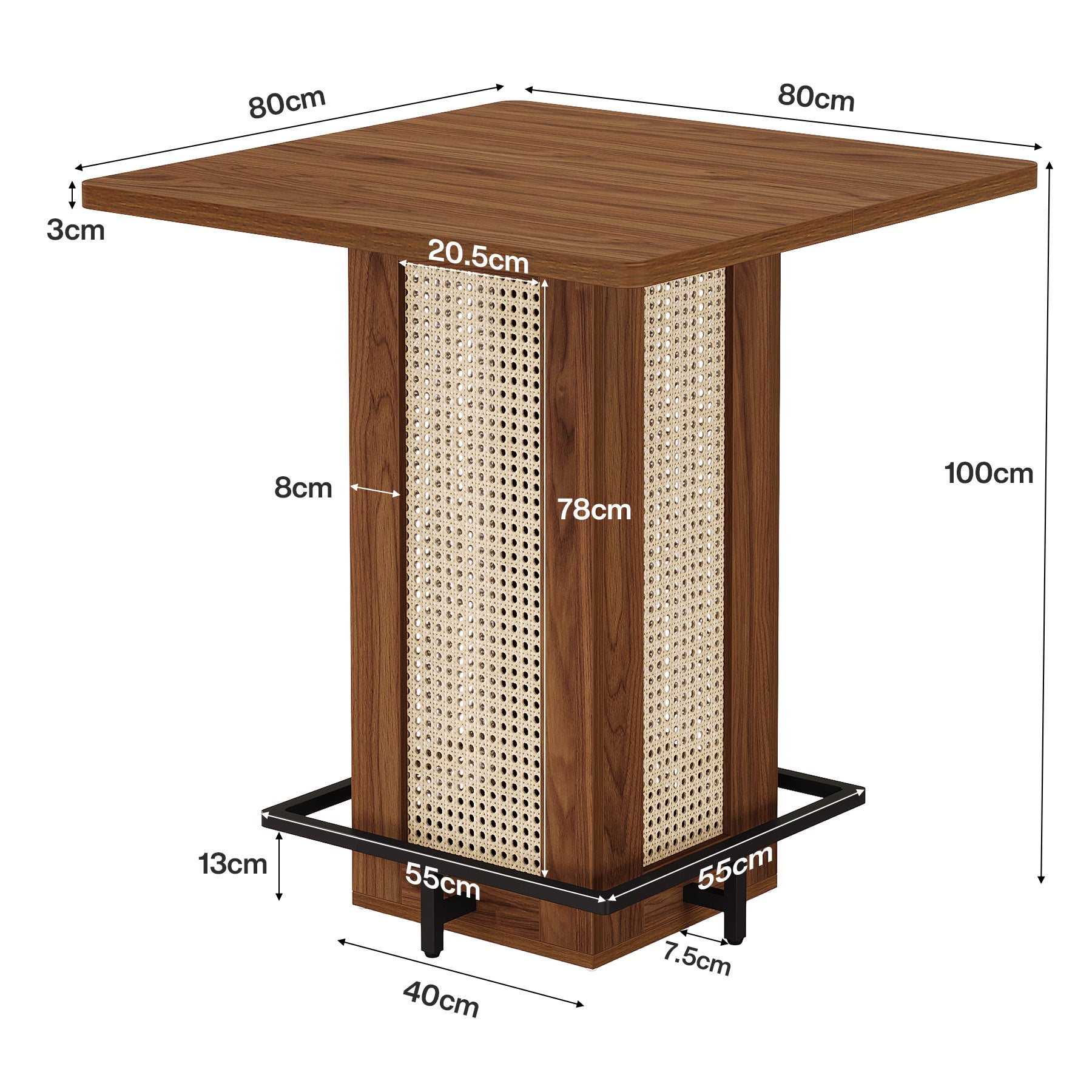 Tribesigns Quadratischer Bartisch im Landhausstil, kompakter Stehtisch mit Rattan-Optik & Metall-Fußstütze