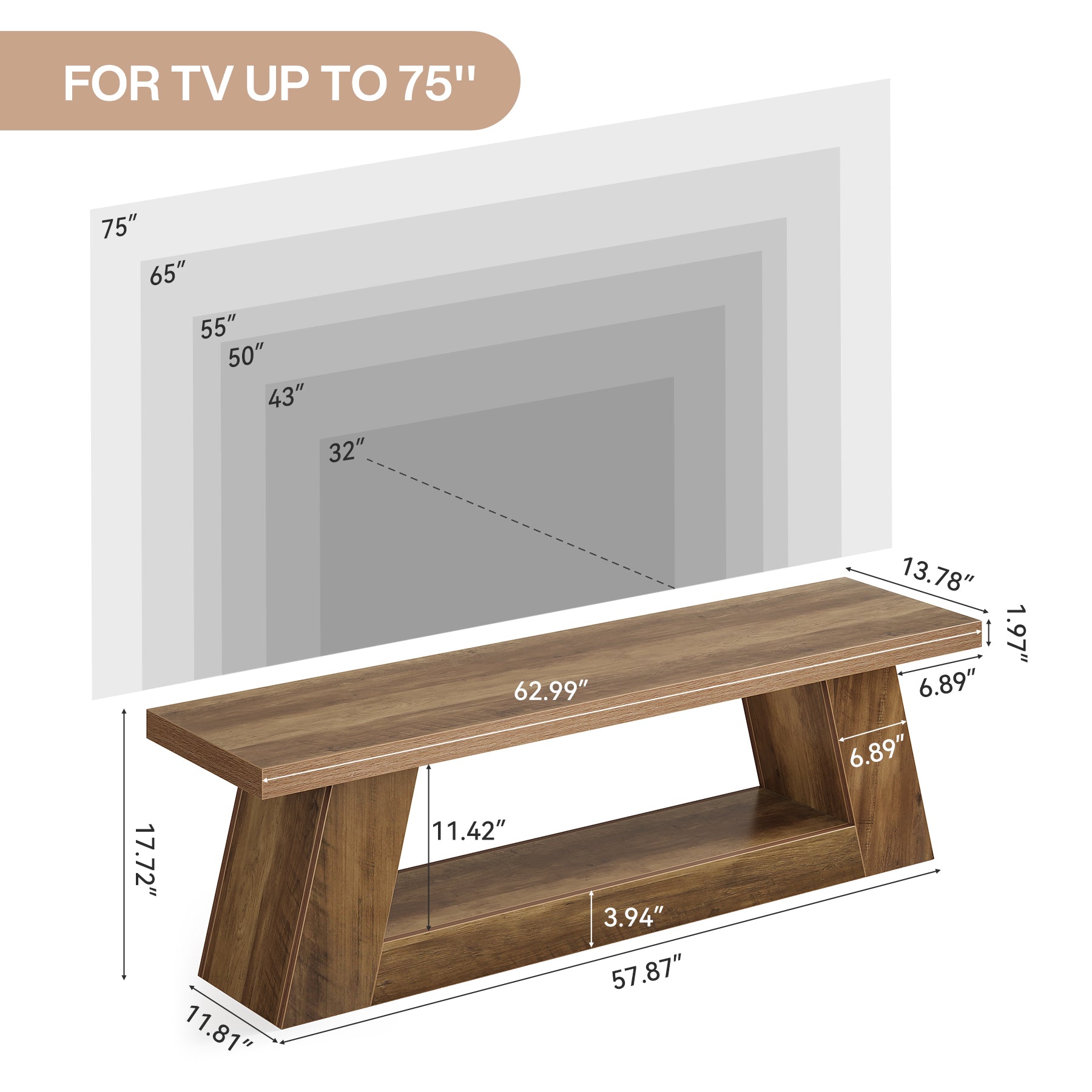 Tribesigns TV Lowboard 160 cm für 75 Zoll Fernseher, Rustikales Media Konsole mit offenen Ablagen