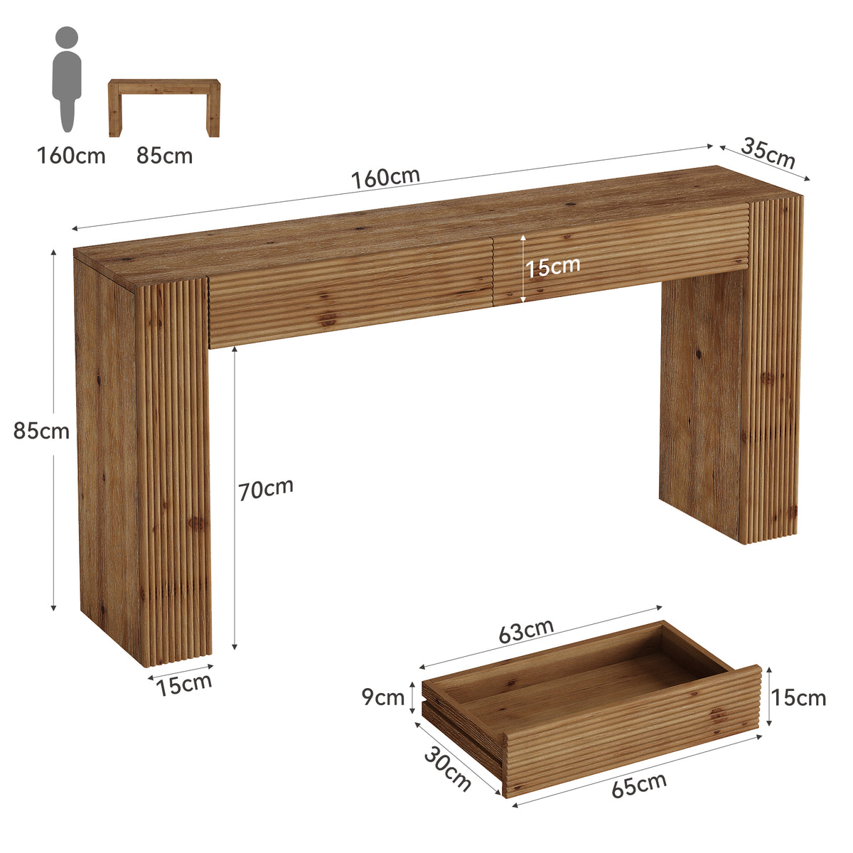 Tribesigns Massivholz Konsolentisch 160 cm mit 2 Schubladen, Flurtisch mit Rillenoptik
