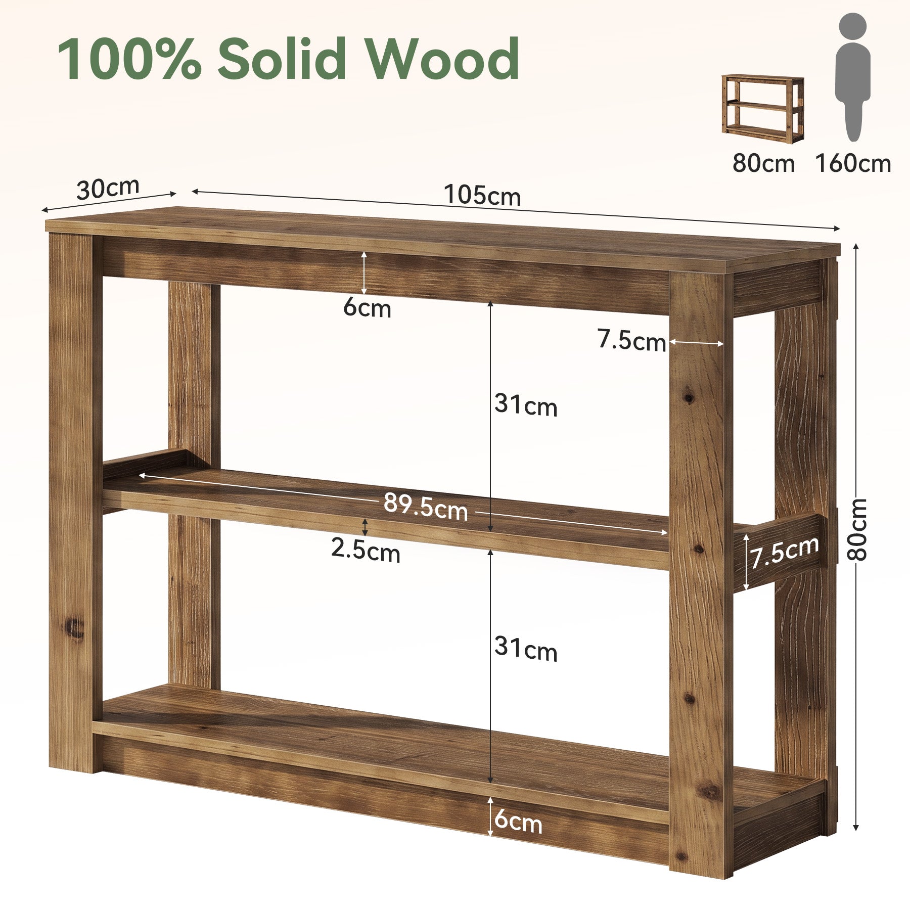 Tribesigns 105 cm Konsolentisch aus Massivholz mit 3 Ablagen, Schmaler Flurtisch im Landhausstil