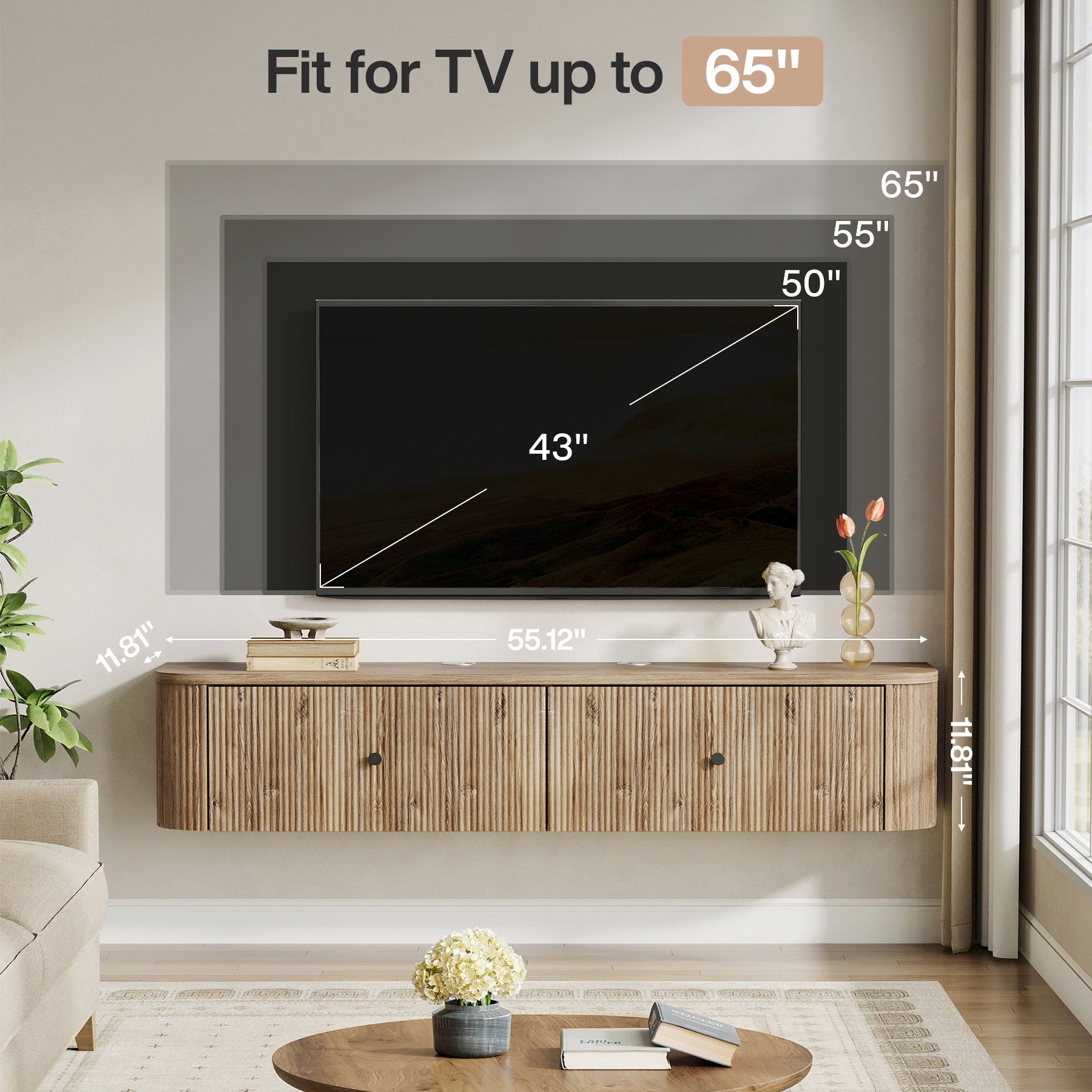 Tribesigns Hängendes TV-Board 140 cm mit 2 Schubladen, Schwebendes Media Board in Holzoptik