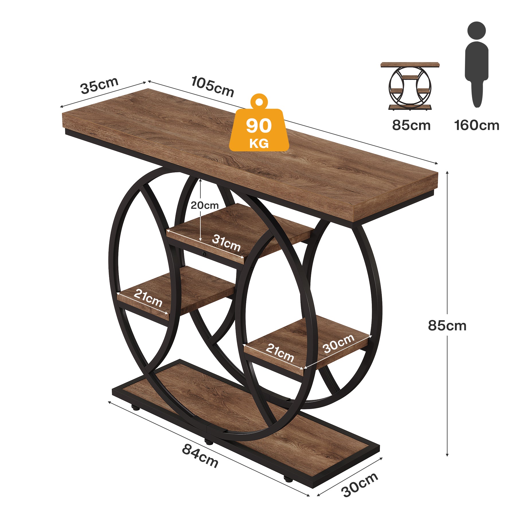 Tribesigns Konsolentisch Industrial, 105 cm Flurtisch mit 4 Ablagen & rundem Metallgestell