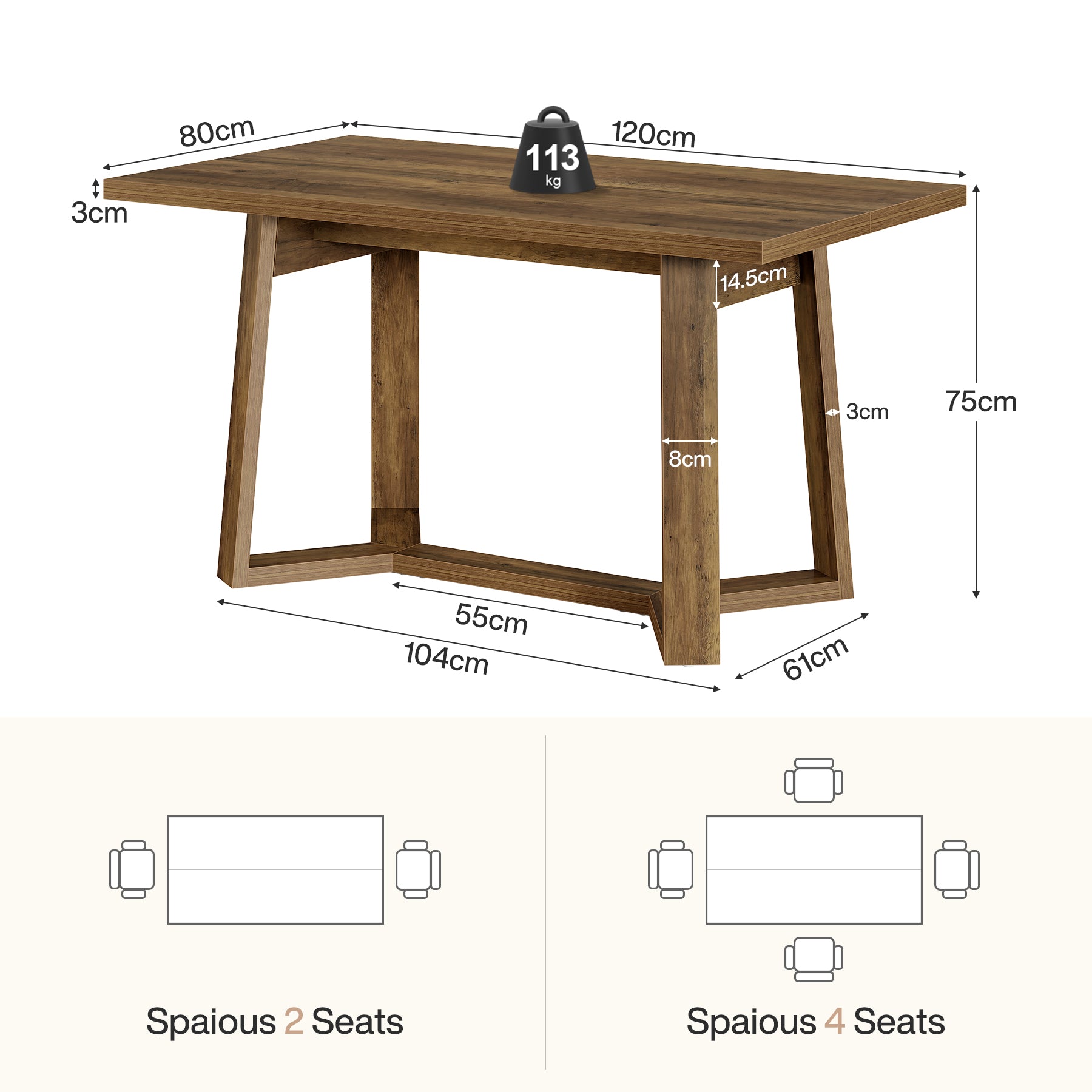 Moderner Esstisch 120 cm für 4–6 Personen, MDF mit Massivholzoptik, rechteckiger Küchentisch