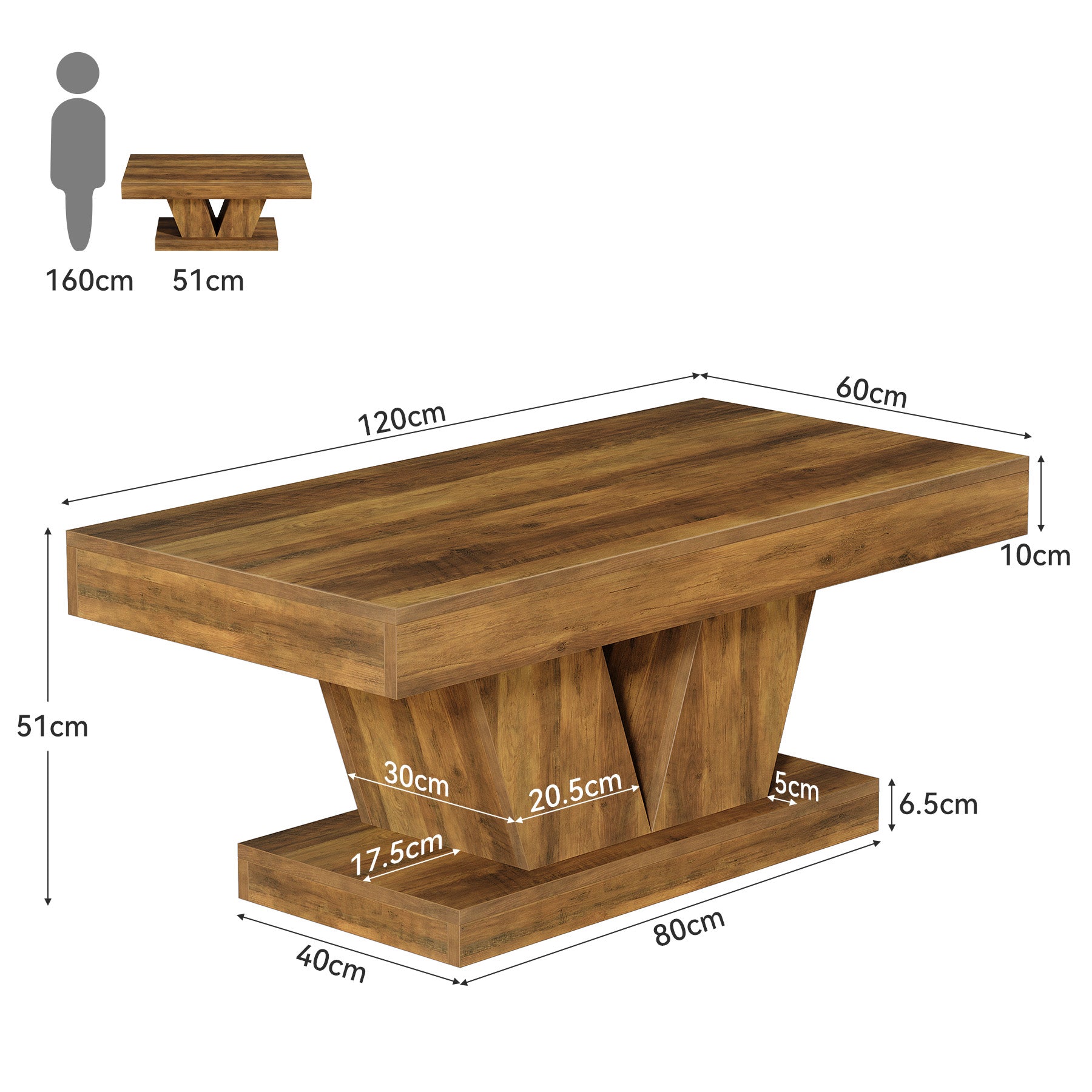 Rechteckiger Couchtisch 120 cm im Mid-Century Stil, Wohnzimmertisch in Holzoptik mit massivem Sockel und V-Form Basis