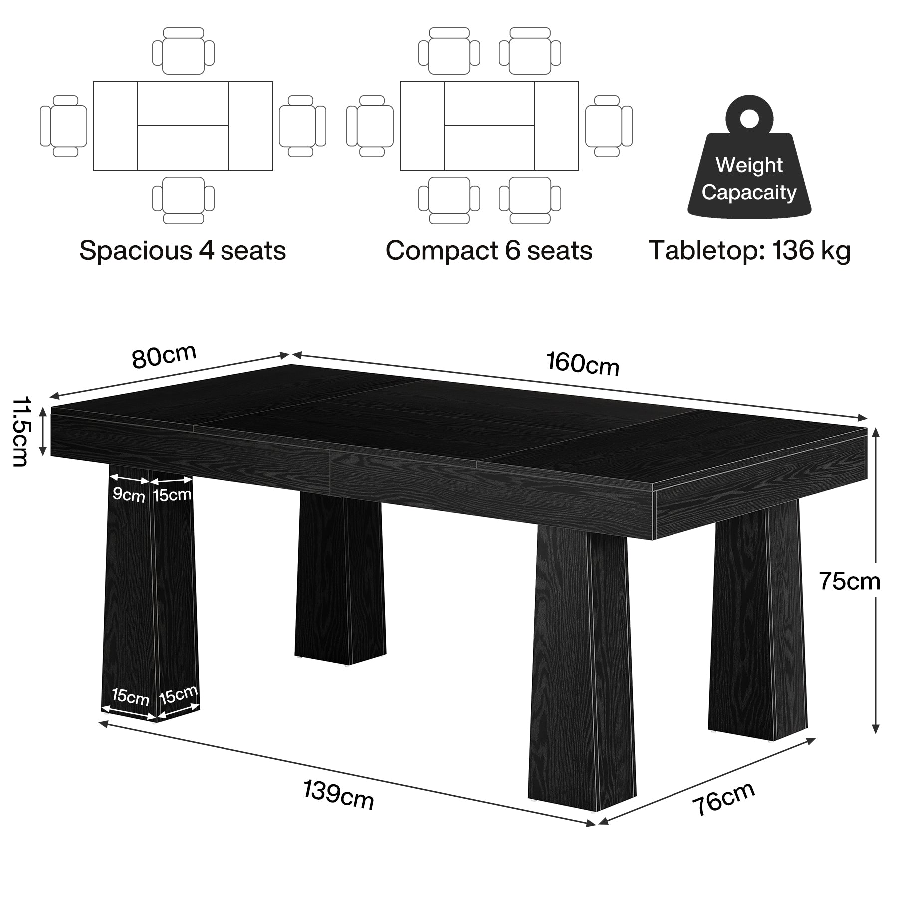 160 cm Computerschreibtisch, Moderner Industriestil Schreibtisch mit verstärkten Kegelfüßen in Schwarz