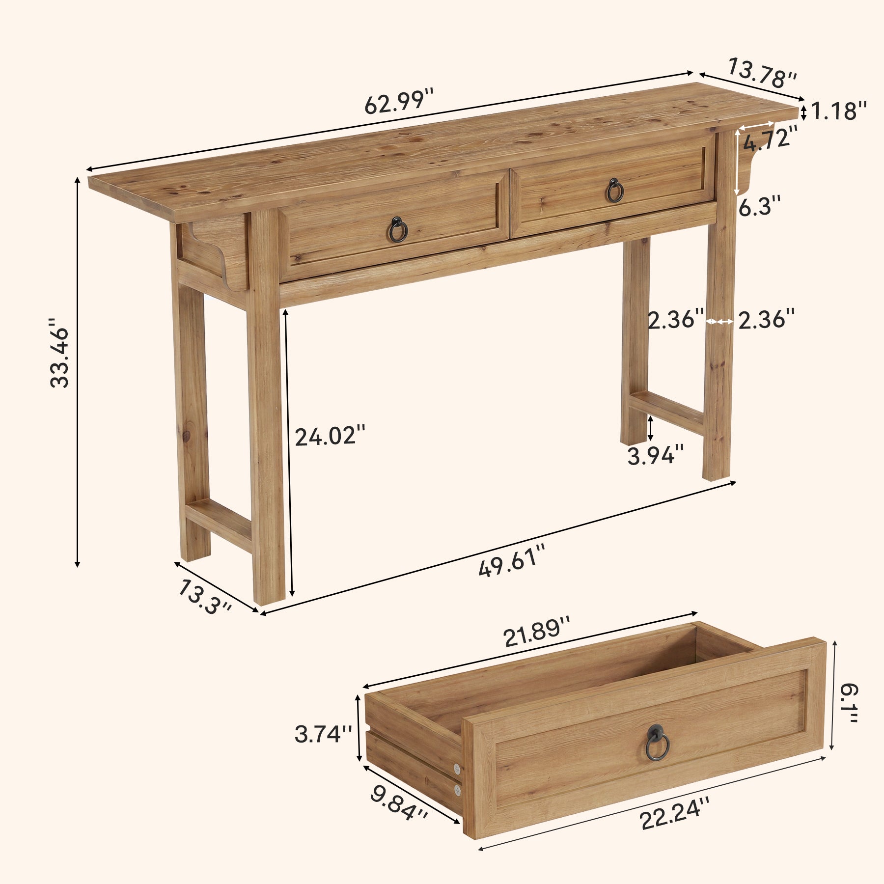 Tribesigns Massivholz Konsolentisch 160 cm mit 2 Schubladen, Schmaler Flurtisch mit Stauraum