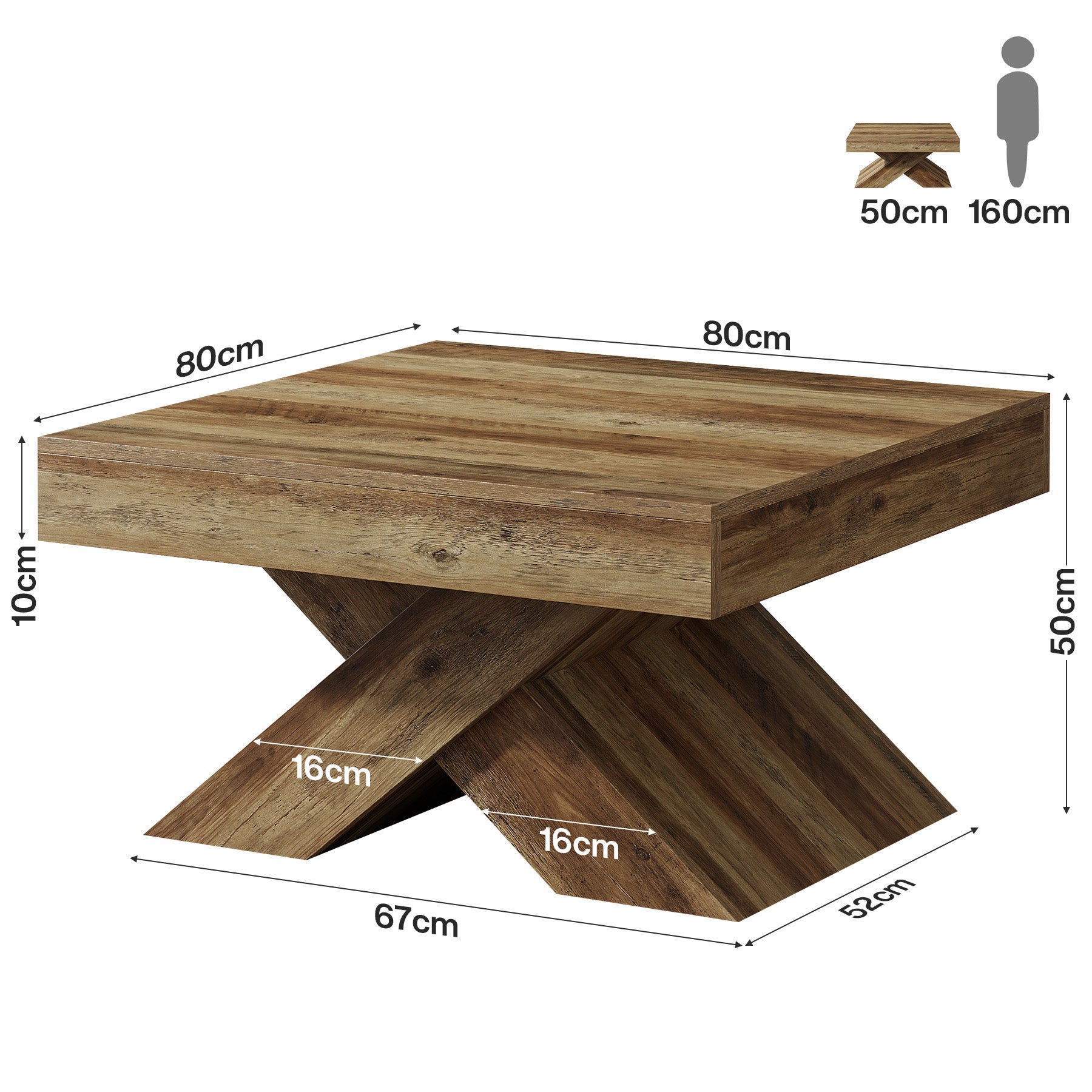 Tribesigns Quadratischer Couchtisch 80 cm, Wohnzimmertisch in Eichenoptik mit stabilem X-Gestell