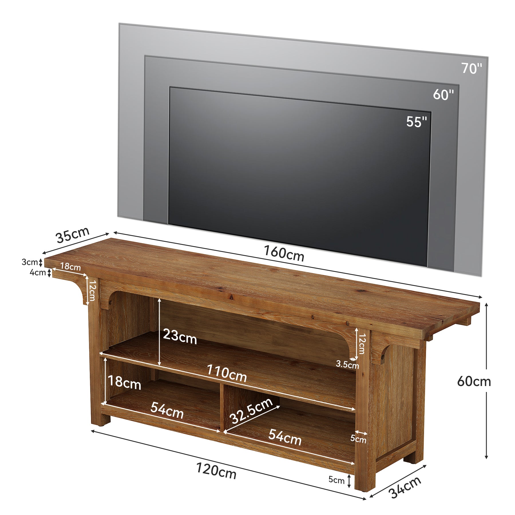 Tribesigns 160 cm TV-Lowboard aus Massivholz, TV-Schrank für 55–70 Zoll Fernseher mit 3 offenen Fächern