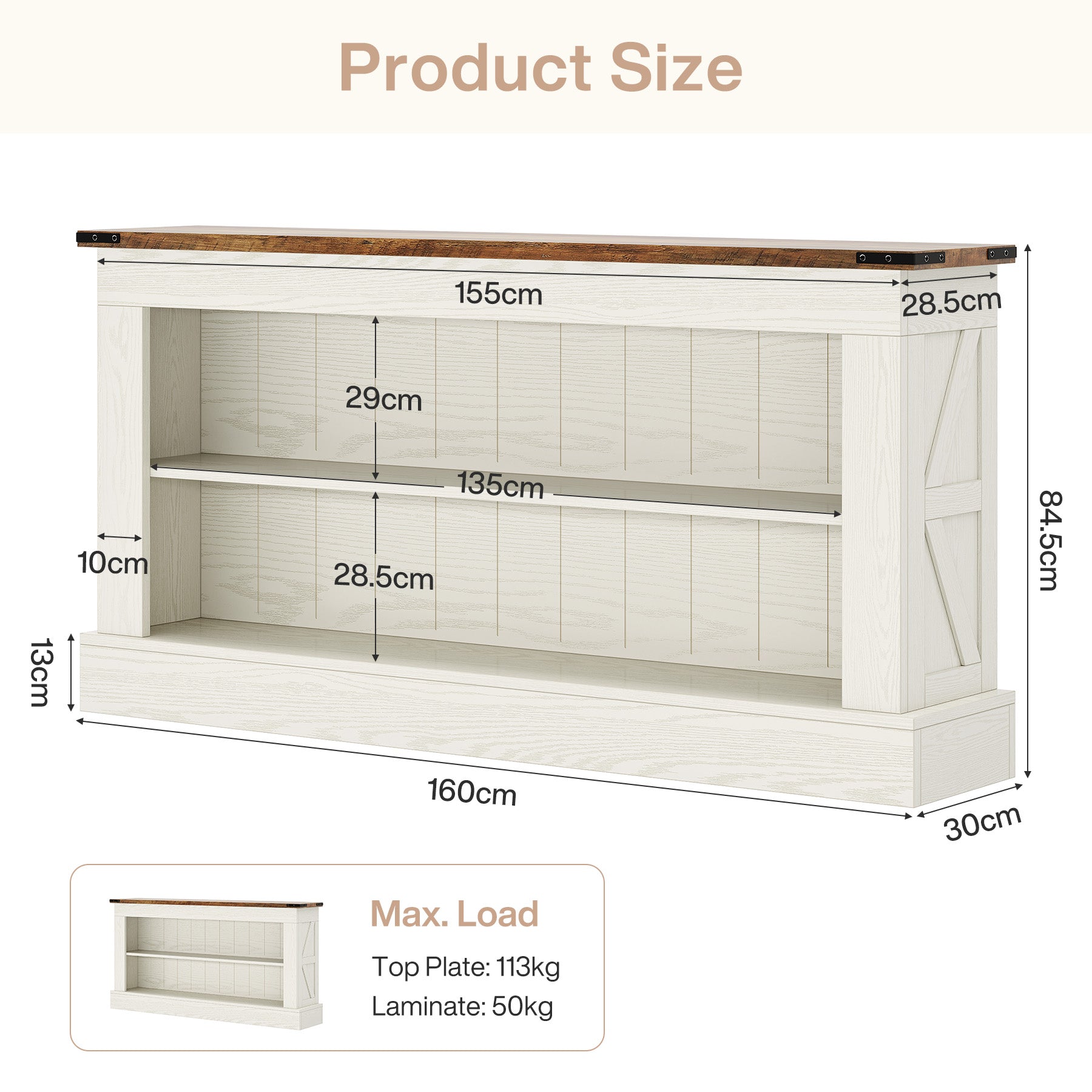 Schmaler Konsolentisch 160 cm mit Ablagen, Landhaus Flurtisch für Eingangsbereich & Sofa