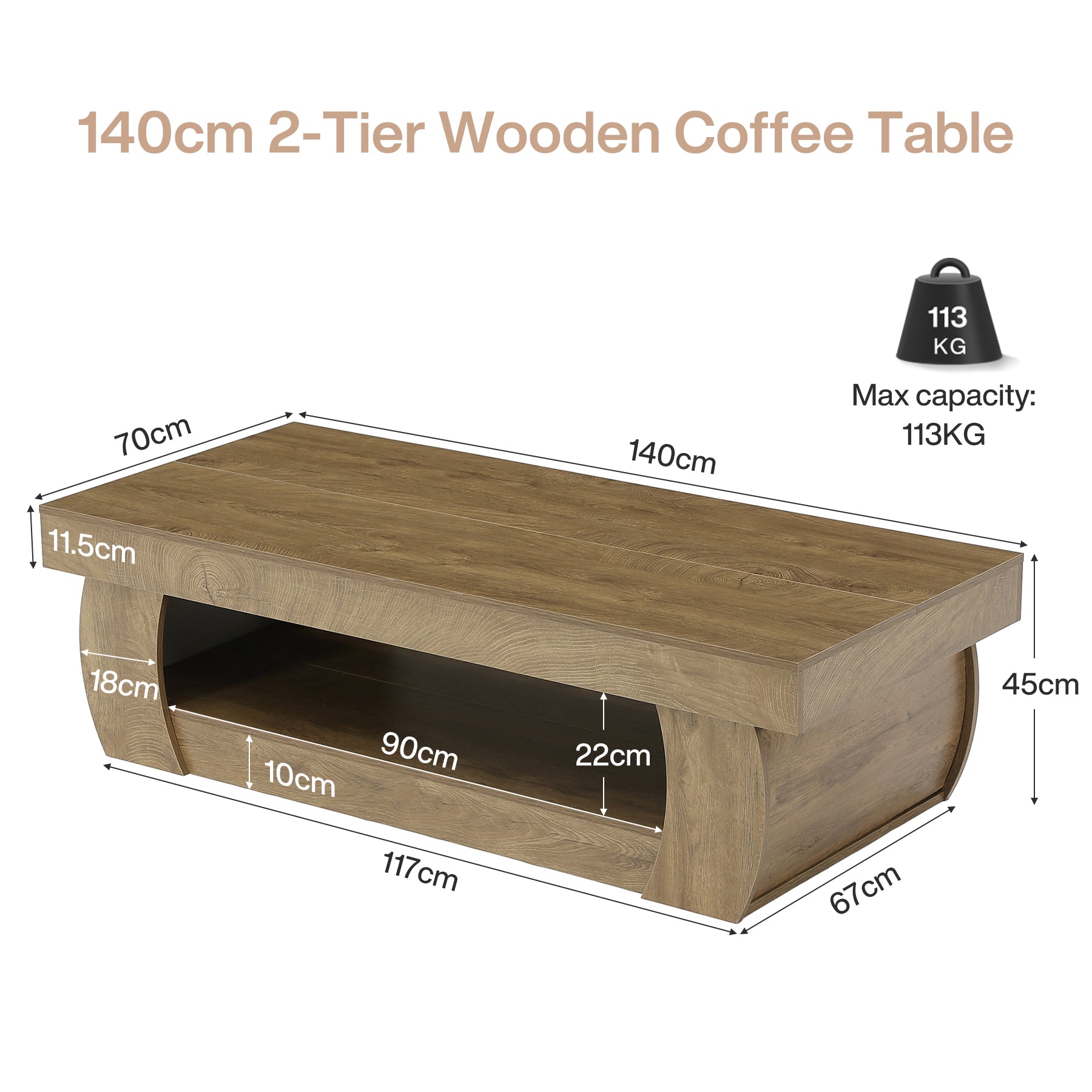 Tribesigns Großer Couchtisch 140 x 70 cm, Rechteckiger Wohnzimmertisch mit Ablage im Landhausstil