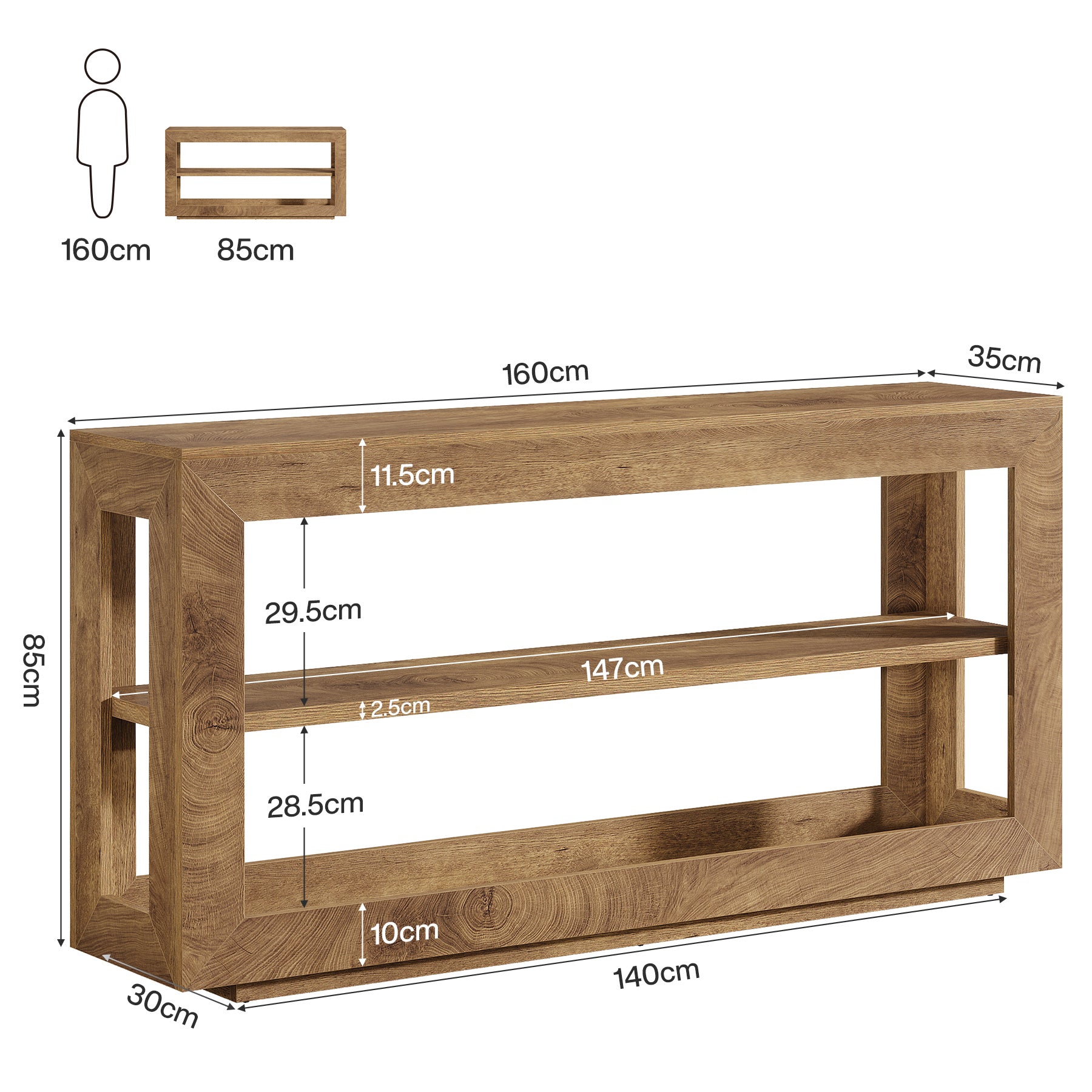 160 cm Konsolentisch, Landhaus-Eingangstisch mit 3-stufigem Ablagefach