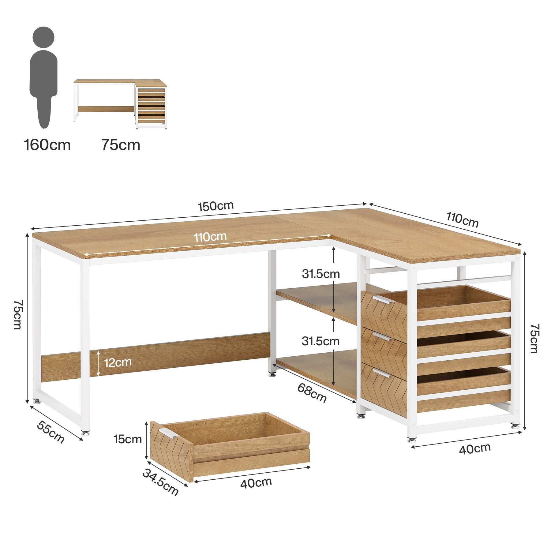 150 cm L-förmiger Schreibtisch, umkehrbarer Eckschreibtisch mit Schubladen und Regalen