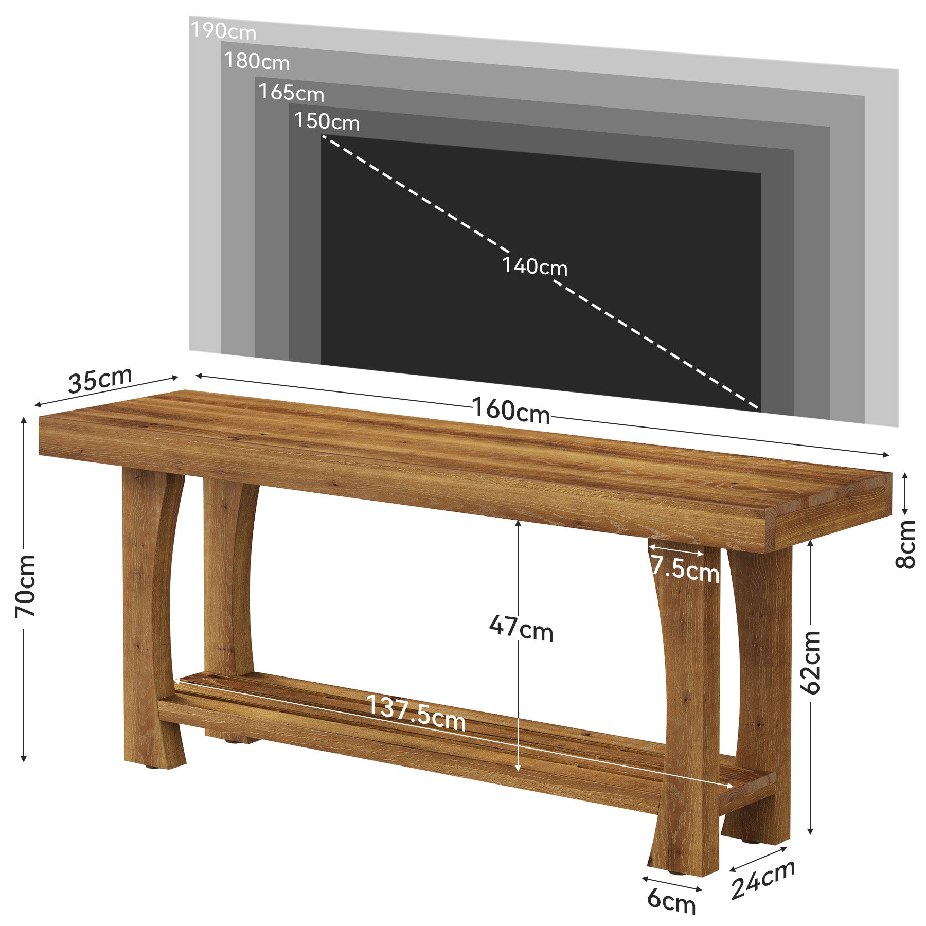 Tribesigns Massivholz TV-Lowboard für 55–70 Zoll Fernseher,  TV-Schrank mit 2 Ebenen Ablage & konischen Holzbeinen