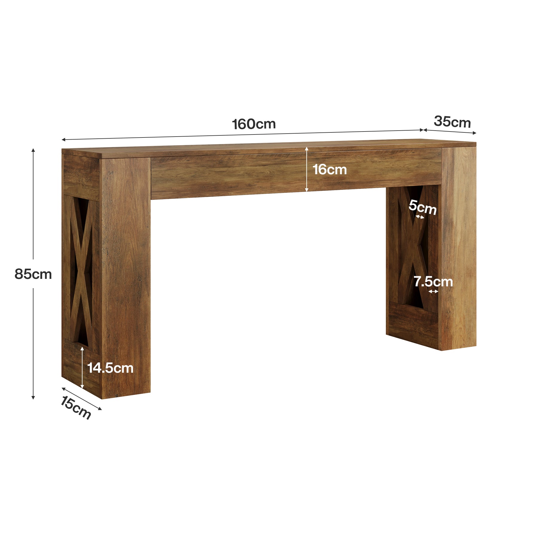 160 cm Landhaus Konsolentisch, Schmaler Flurtisch mit 2 Schubladen und X-Bein Design in Warmbraun