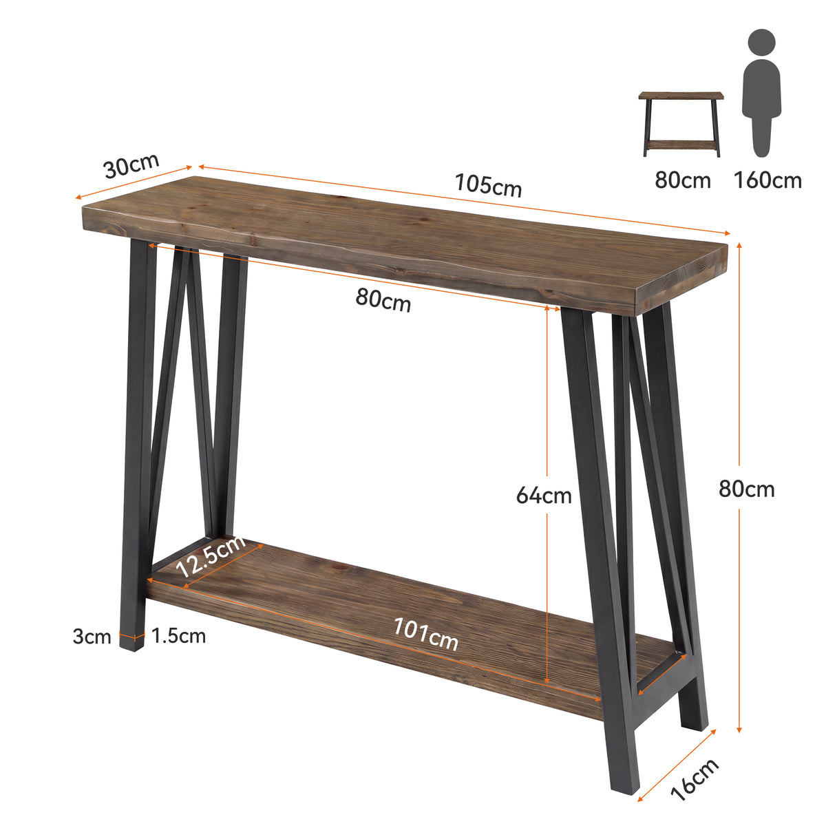 Tribesigns Konsolentisch mit Baumkante, 2 Ebenen, Holzplatte und Metallgestell im Industrial-Stil
