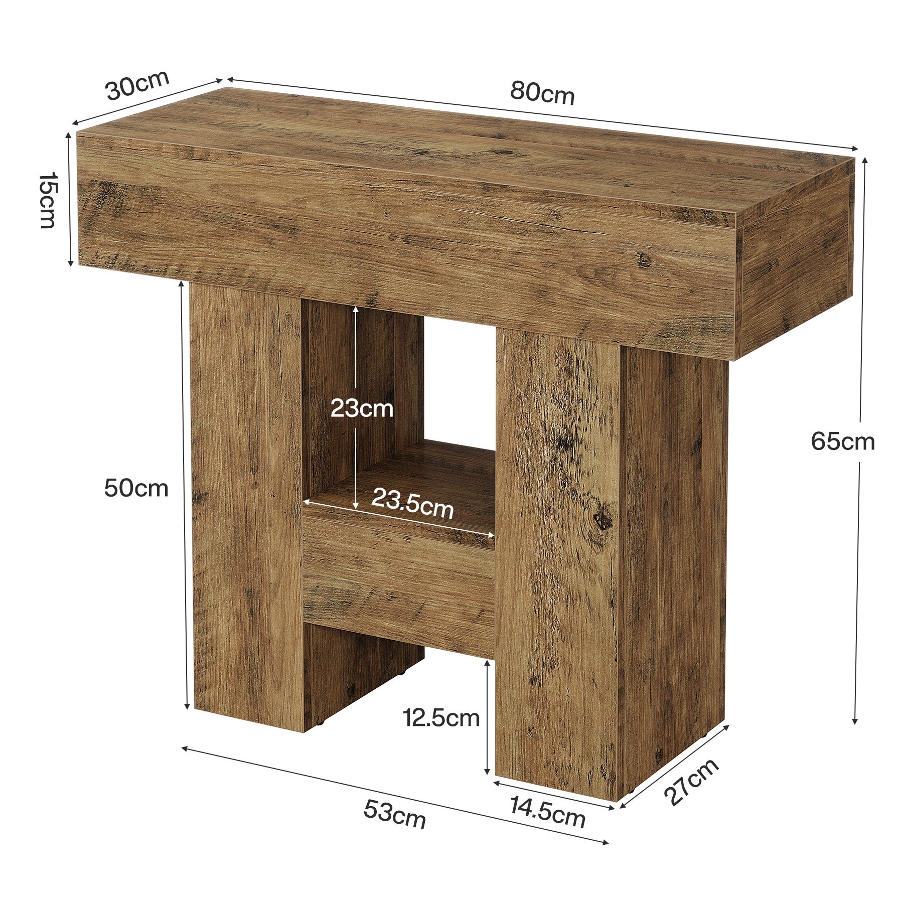 65 cm Schmaler Beistelltisch mit 2 Ebenen, rustikaler Couchtisch & Nachttisch aus Holz für Wohnzimmer