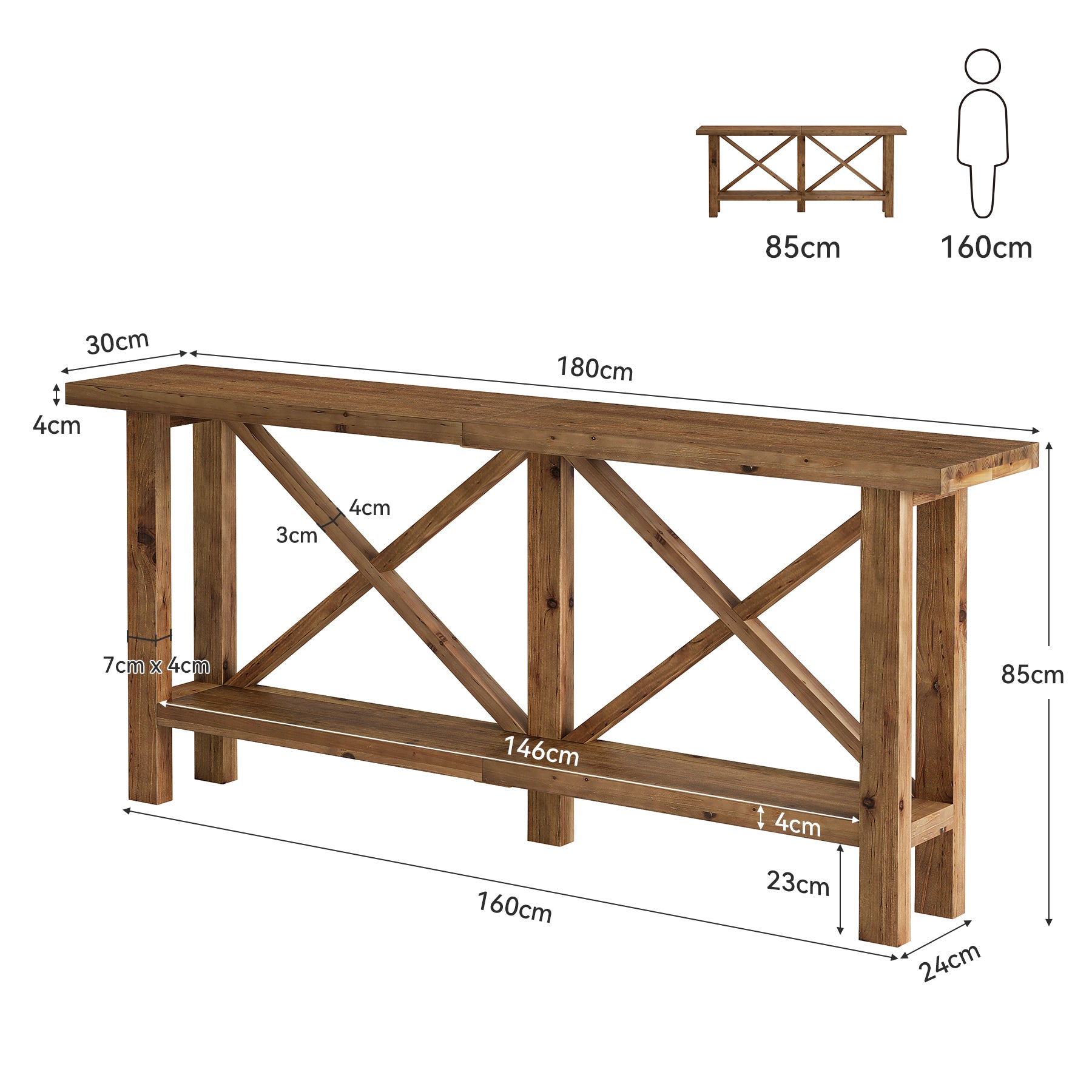 Tribesigns Konsolentisch aus Massivholz 180 cm, Schmaler Flurtisch im Landhausstil mit 2 Ablagen