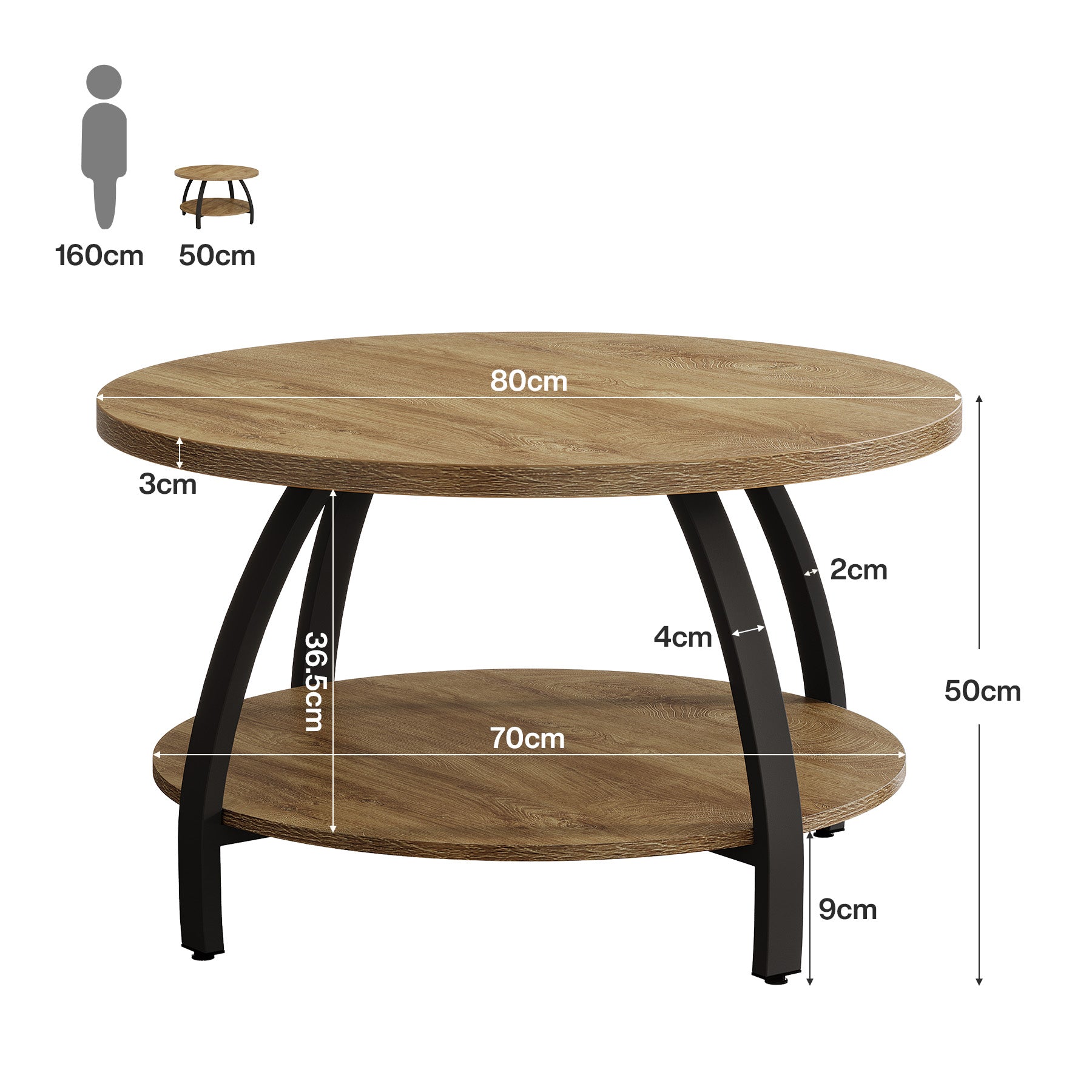 Tribesigns Runder Couchtisch 80 cm mit 2 Ablagen, Kleiner Sofatisch im Industrial Stil mit Metallbeinen
