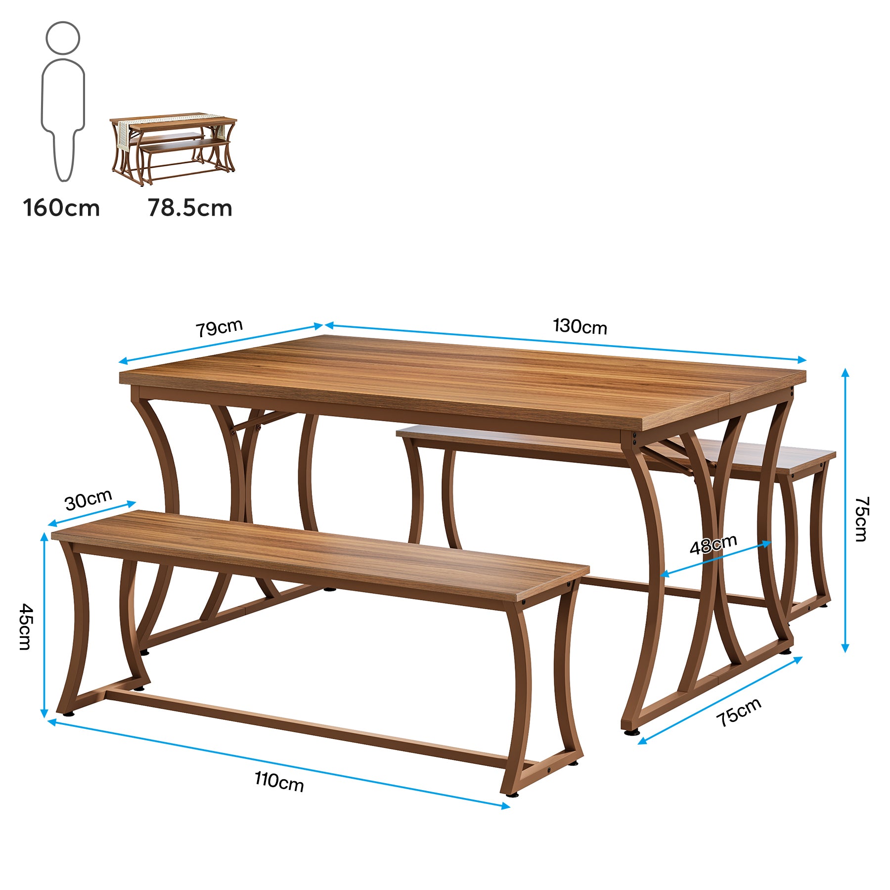 4-teiliges 130cm Esstischset mit 2 Bänken und Tischläufer
