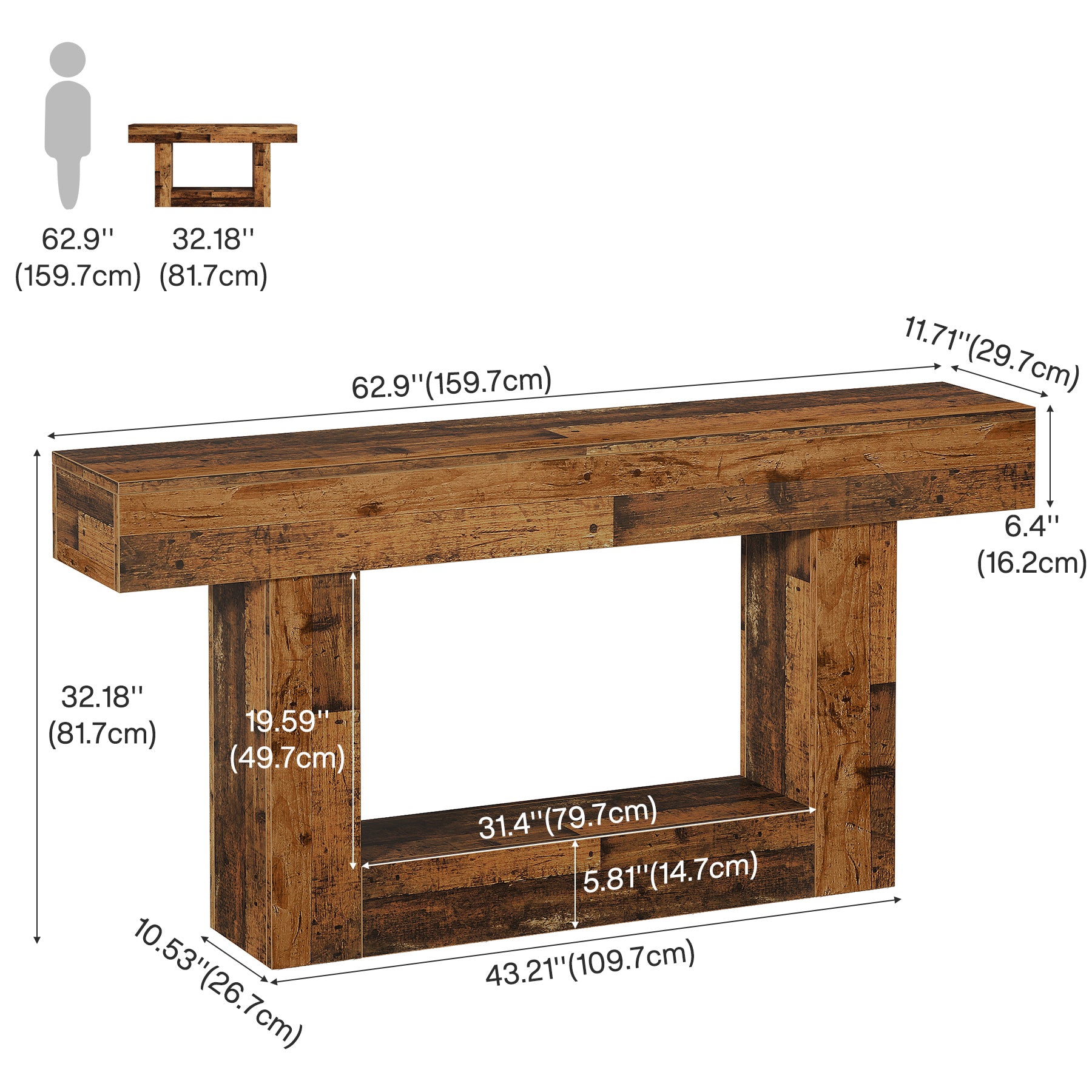 160 CM Konsolentisch aus Holz, Bauernhaus-Sofatisch mit 2 Ebenen, Eingangstisch