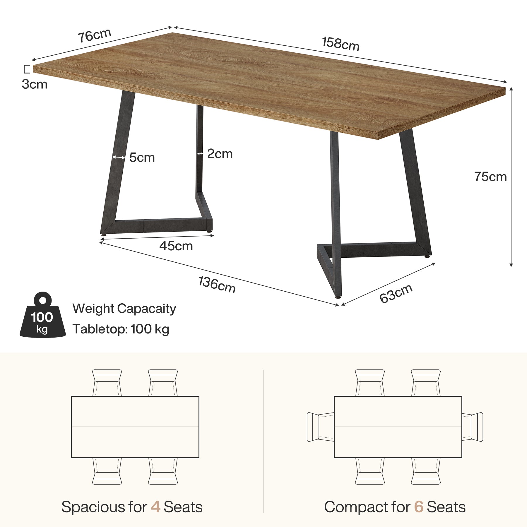 Tribesigns Rechteckiger Esstisch 158 cm für 4–6 Personen, Industrial Küchentisch mit stabilem Metallgestell in Eichenoptik