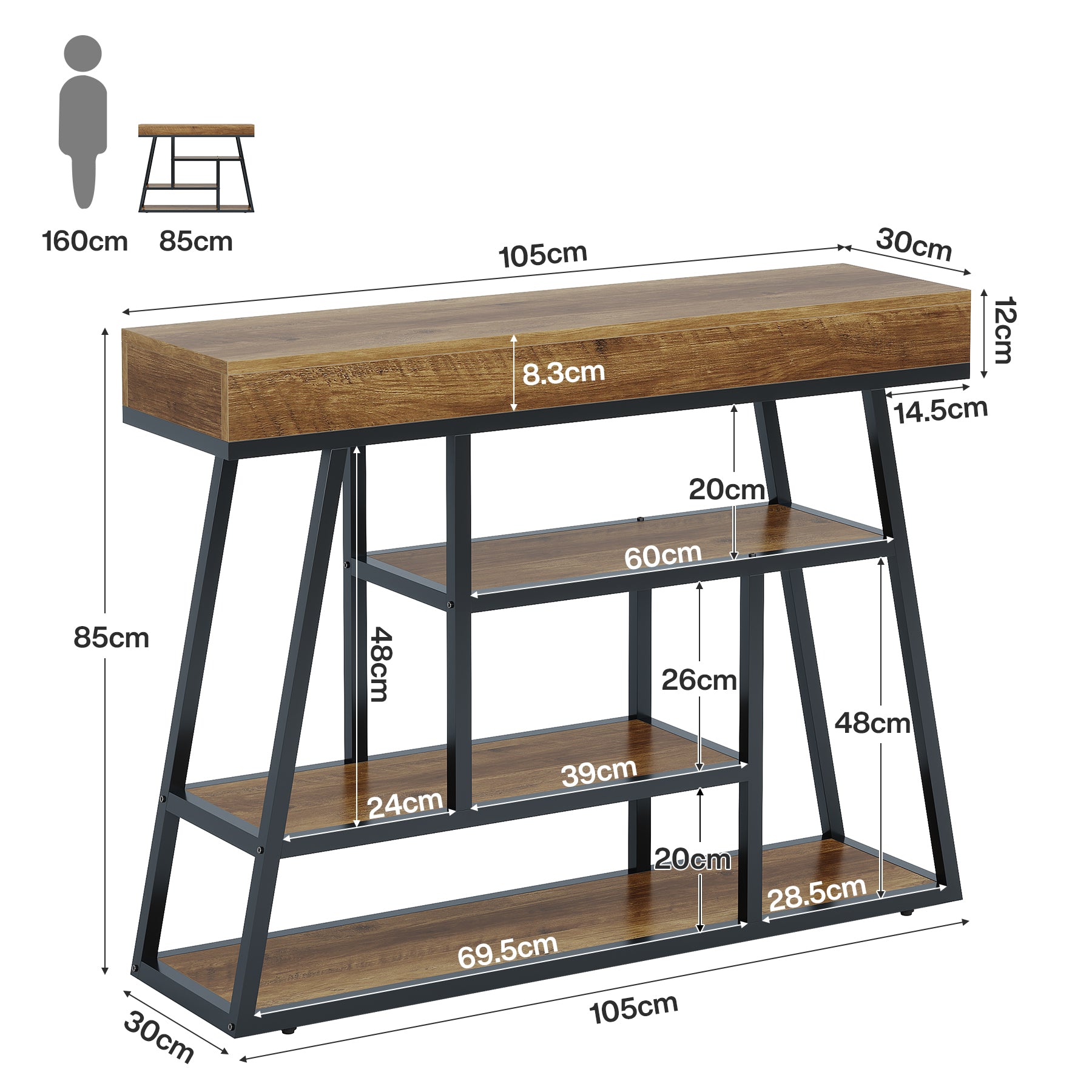 105 cm Schmaler Konsolentisch, Mehrstöckiger Flurtisch mit Stauraum, für Wohnzimmer & Eingangsbereich