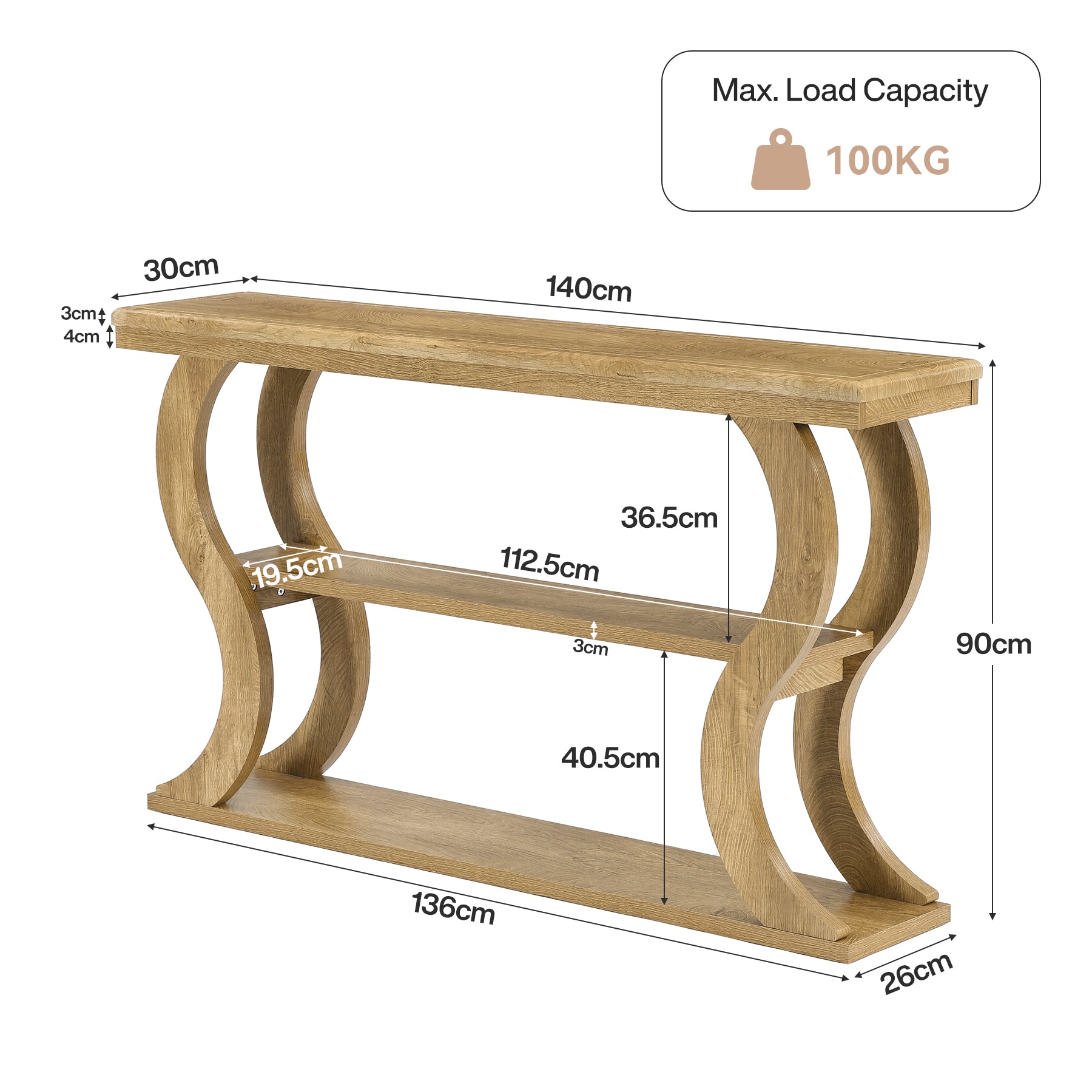 Tribesigns Konsolentisch 140 cm mit 3 Ablagen, Schmaler Flurtisch mit Wellenform-Design