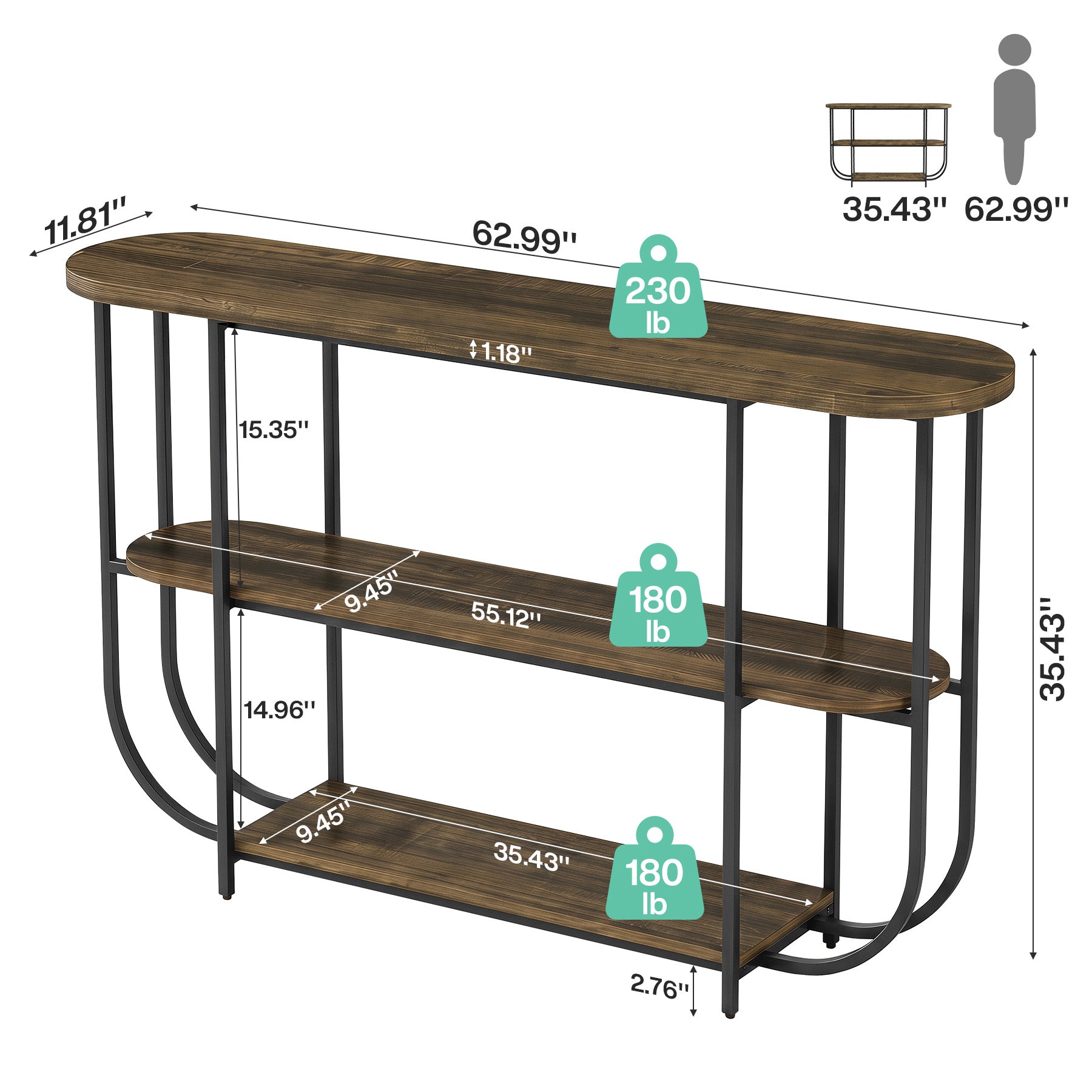 Tribesigns Konsolentisch 160 cm, Schmaler Flurtisch mit 3 Ebenen & Metallgestell