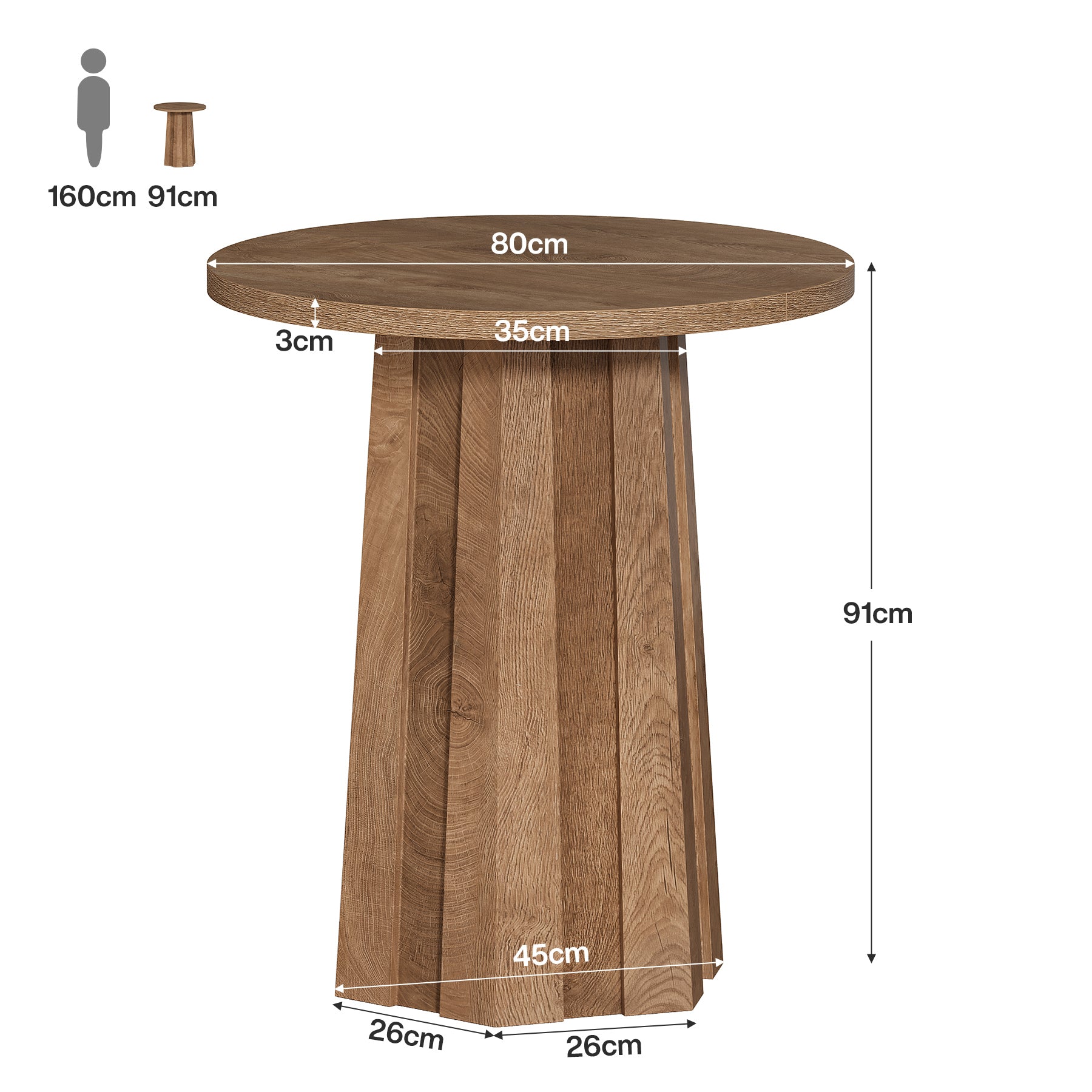 Runder Bartisch 80 cm mit geriffeltem Säulenfuß, moderner Bistrotisch in Thekenhöhe