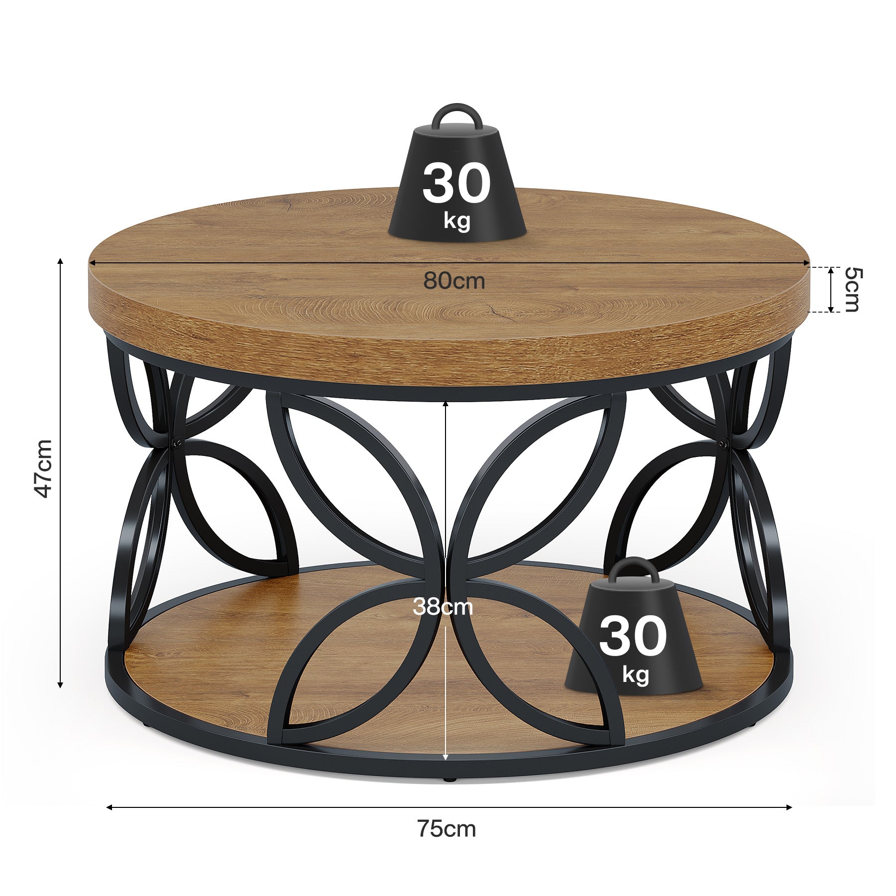 Runder 80 cm Couchtisch mit Stauraum, 2-Ebenen Wohnzimmertisch in Rustikaler Holzoptik und schwarzem Metall