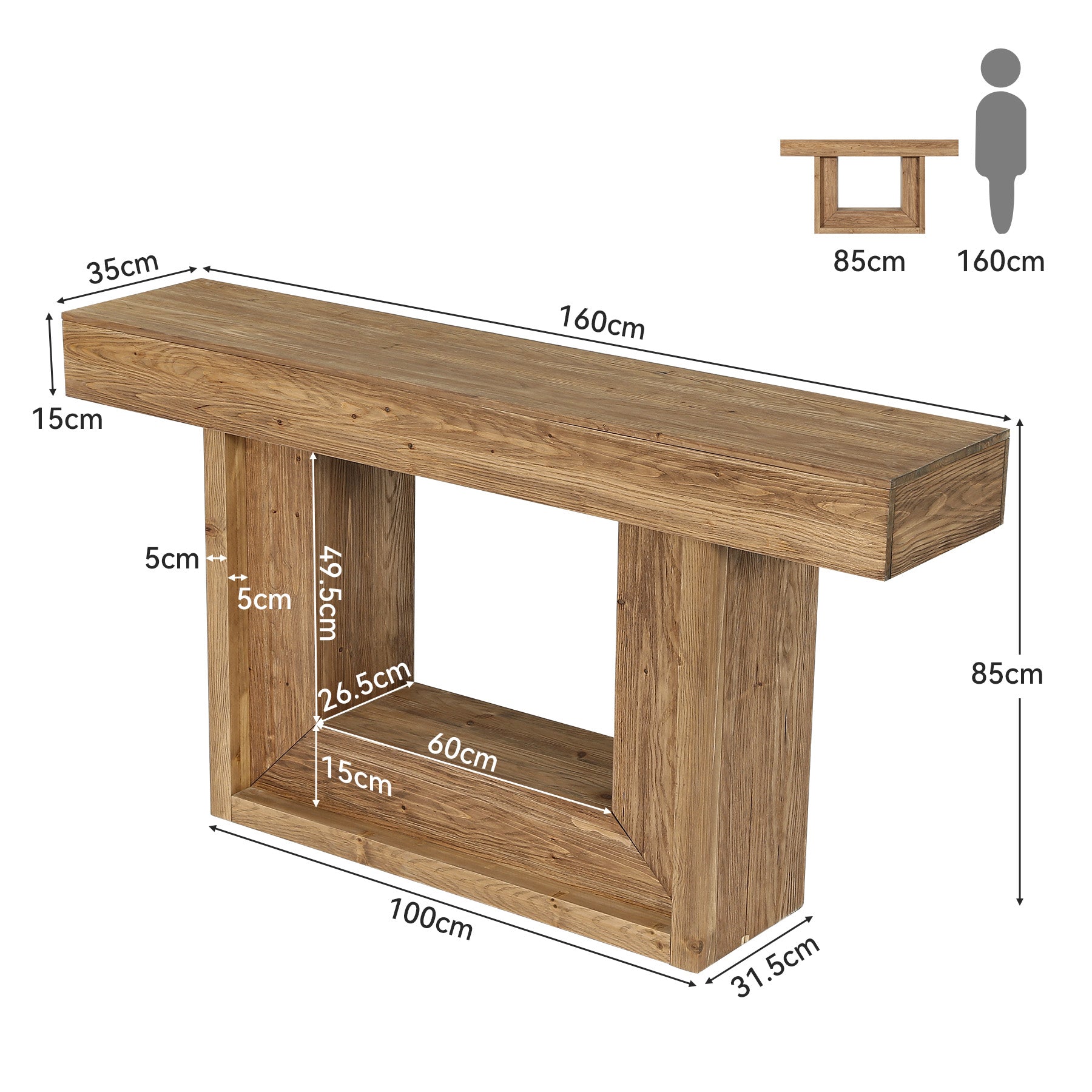 Tribesigns 160 cm schmaler Konsolentisch aus Massivholz im Landhausstil mit U-Gestell & Ablage