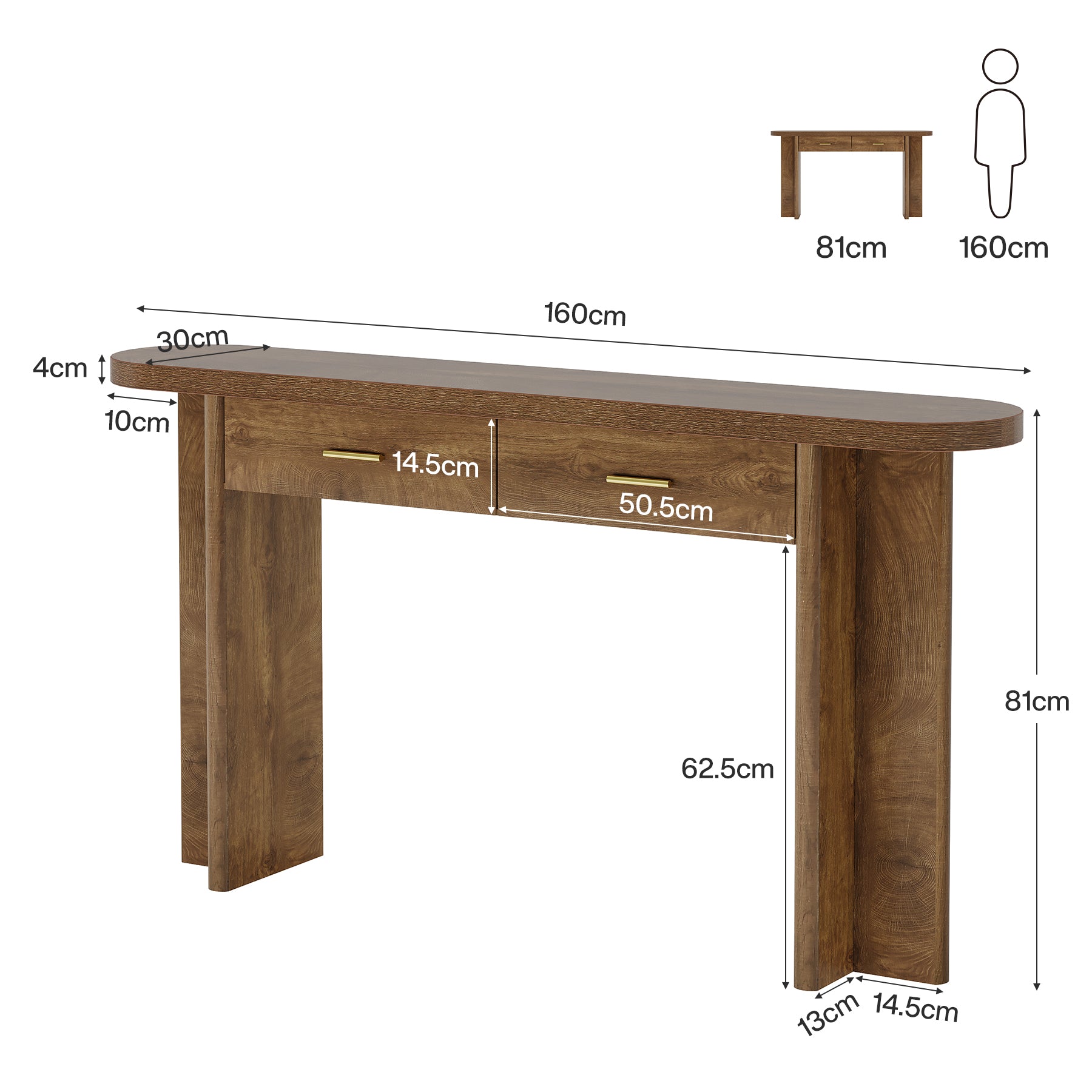 160 cm Holz-Konsolentisch im Landhausstil, Ovaler Flurtisch mit 2 Schubladen und Stauraum