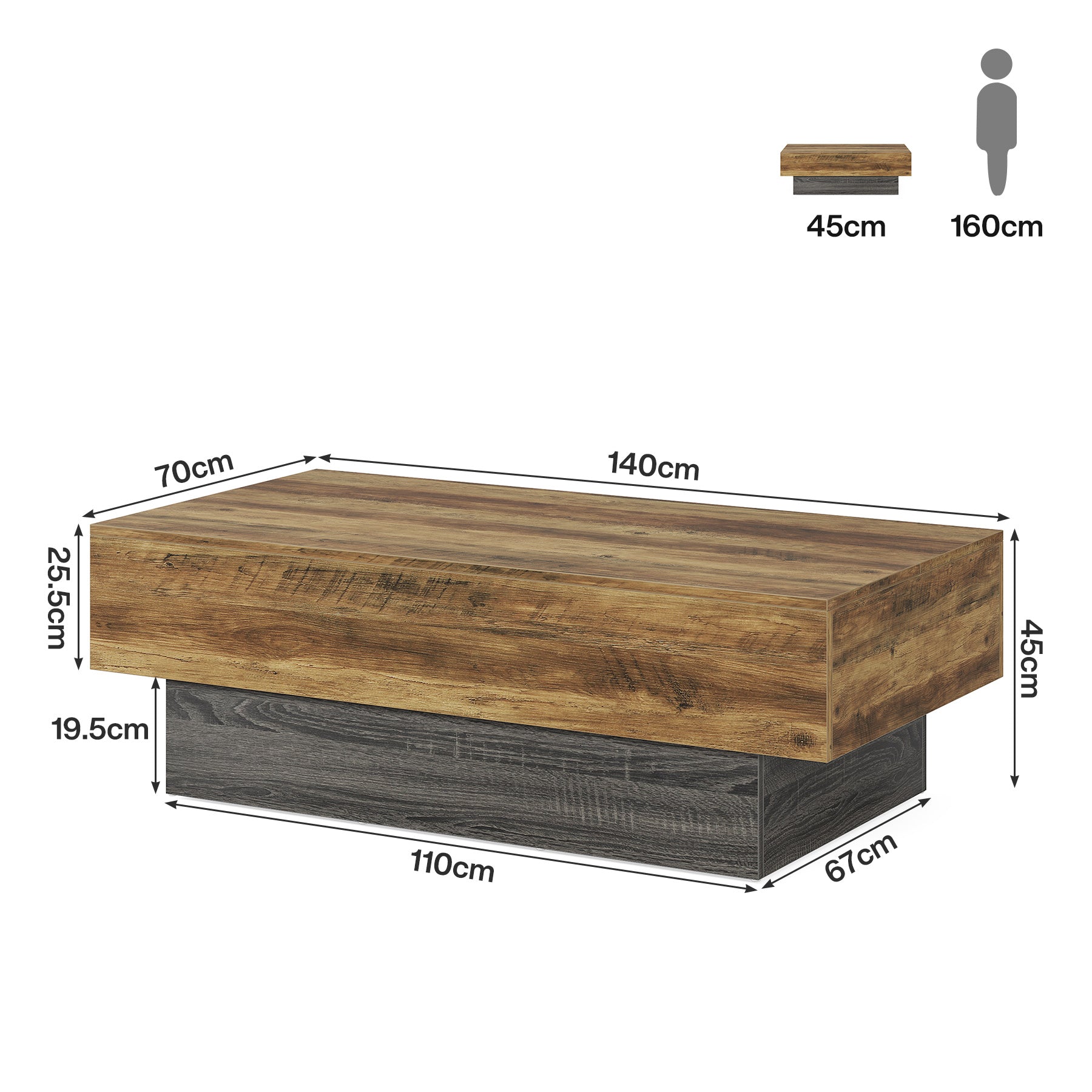 140 cm Farmhouse Couchtisch - Großer rechteckiger Tisch in rustikalem Braun & Grau für Wohnzimmer und Empfangsbereich