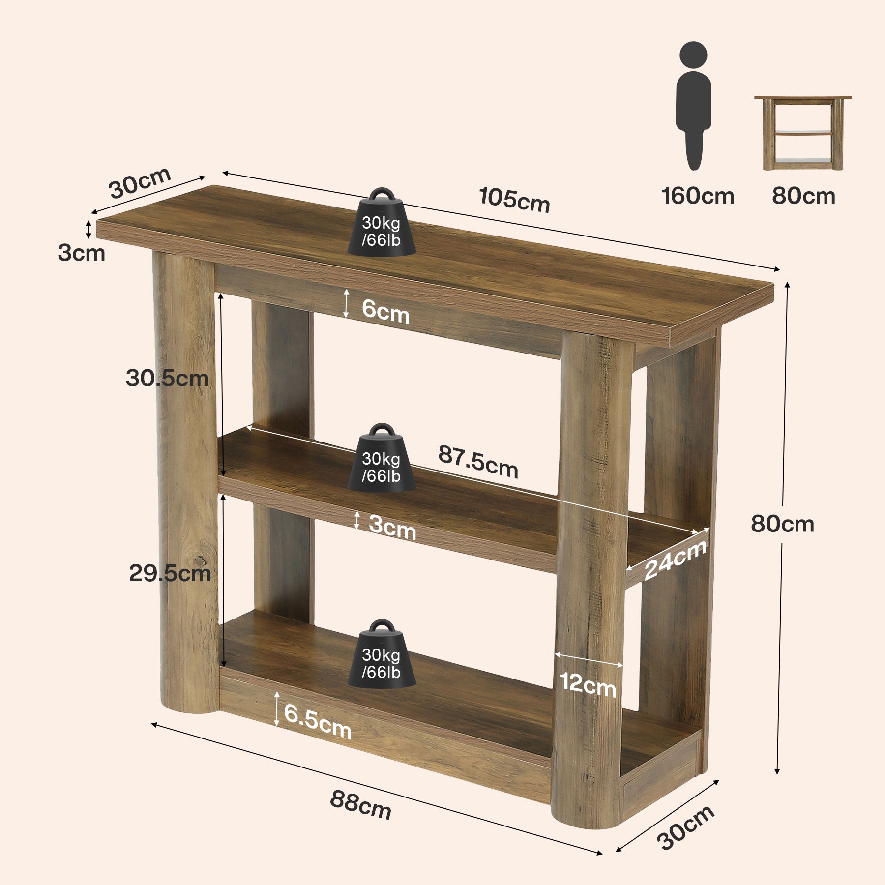 Tribesigns Konsolentisch Landhausstil 105 cm, Schmaler Flurtisch mit 3 Ablagen & Stauraum