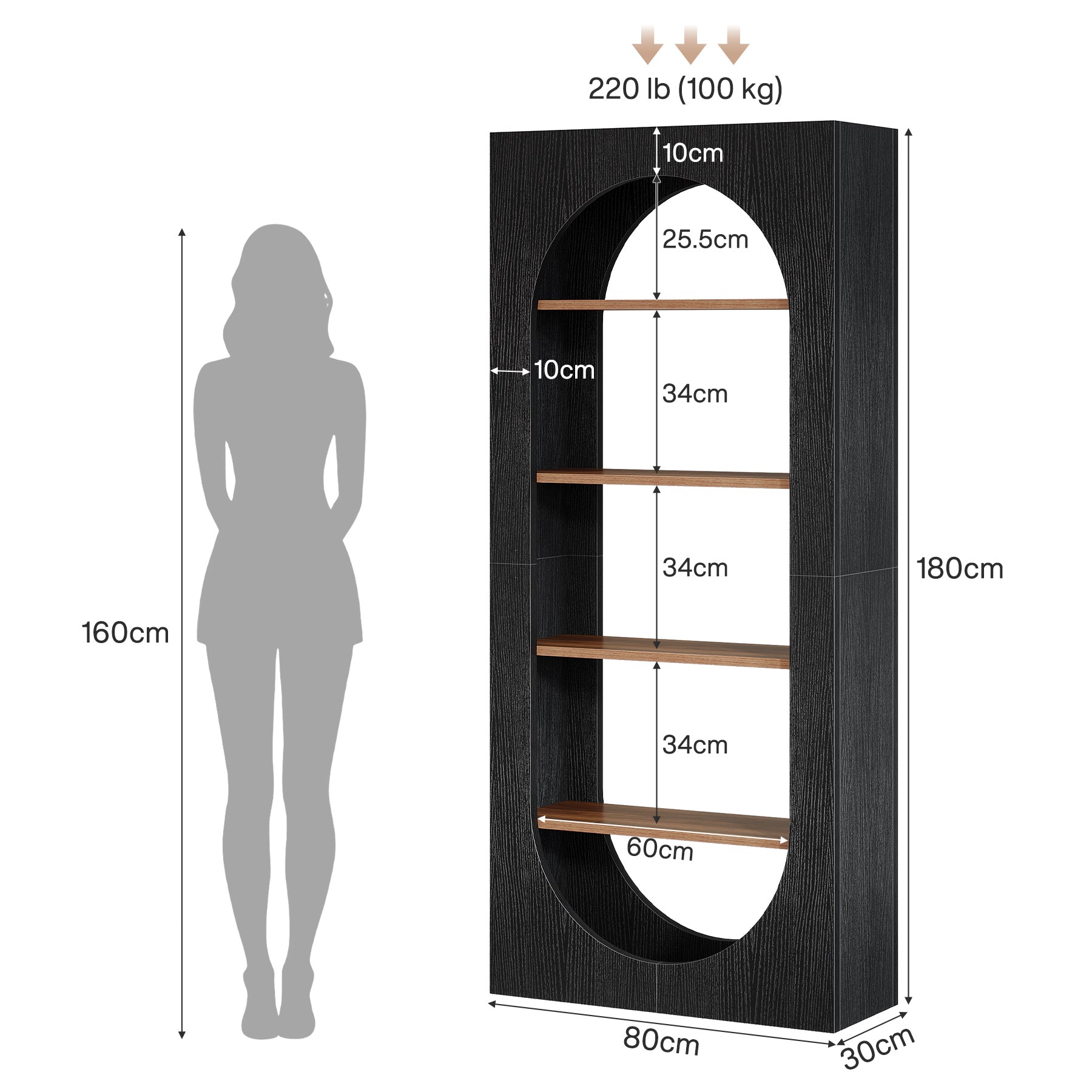 Tribesigns Bücherregal 180 cm, 5 Ebenen mit Rundbogen, Schmales Standregal mit viel Stauraum