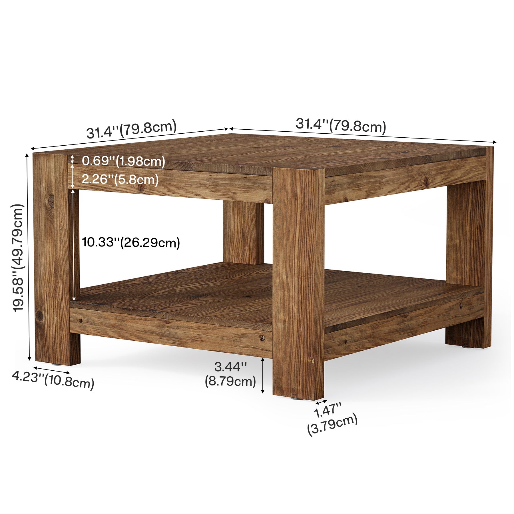 Tribesigns Massivholz Couchtisch 80 cm mit Ablage, quadratischer Wohnzimmertisch im Landhausstil mit 2 Ebenen