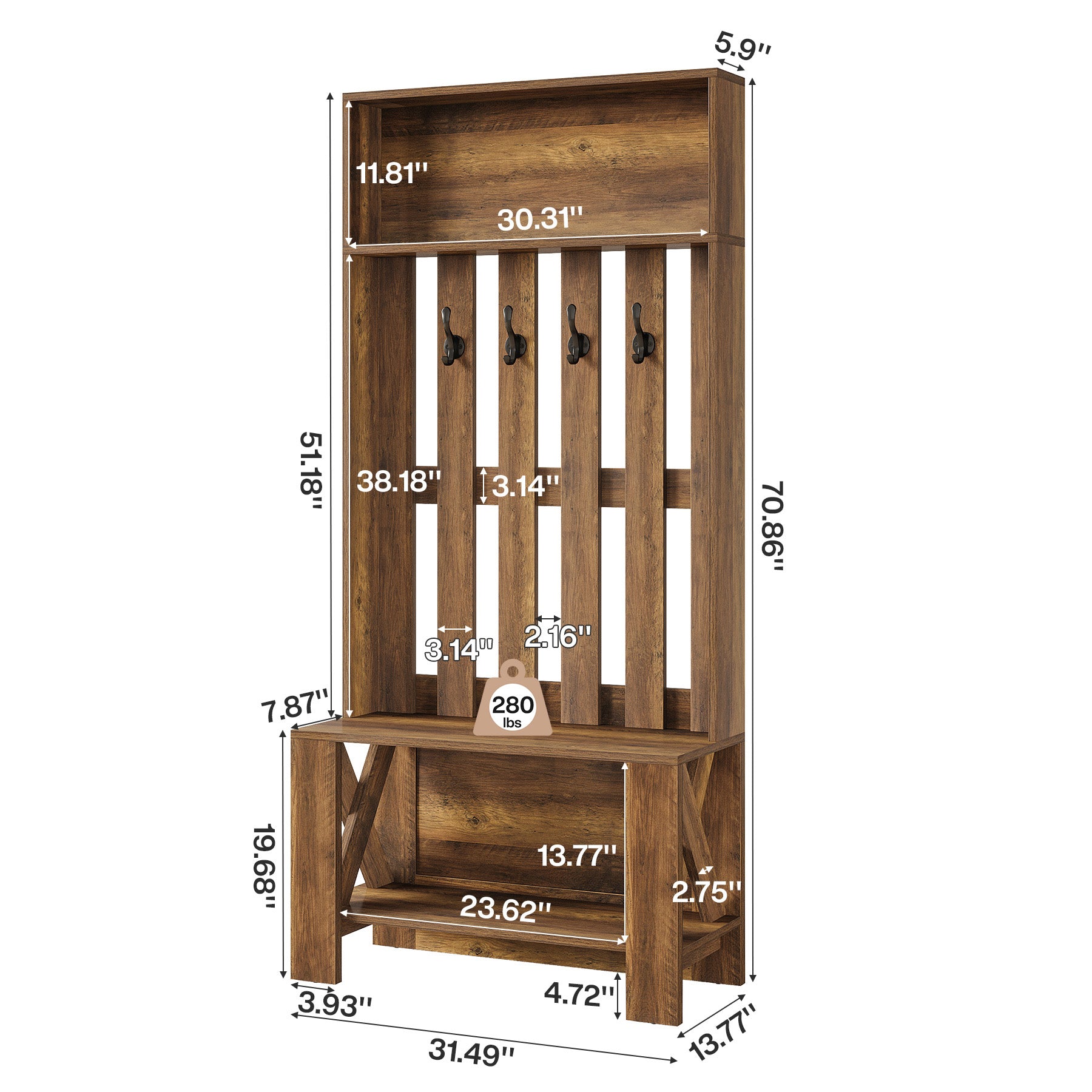 Tribesigns Garderobenständer mit Sitzbank & Schuhablage, 180 cm Flurgarderobe mit 4 Haken