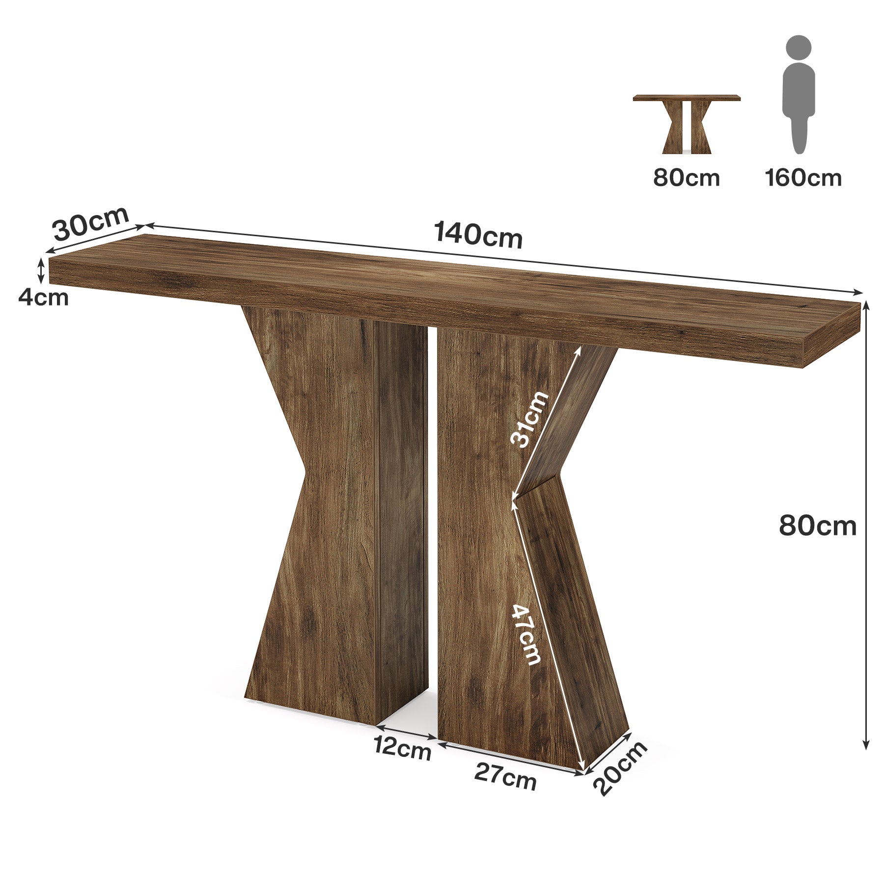 Konsolentisch aus Holz, 140cm Sofatisch, Eingangstisch mit K-förmigem Rahmen