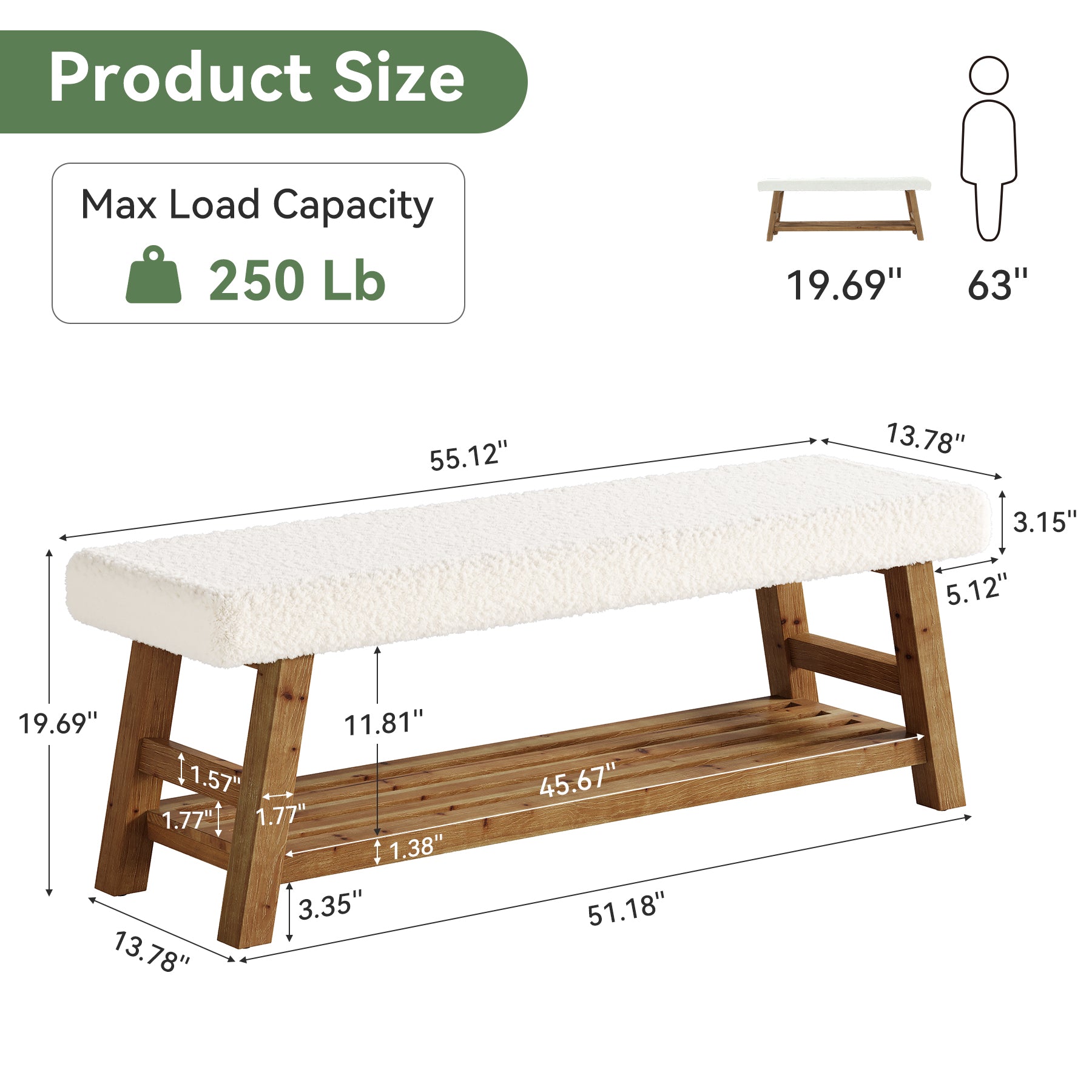 Tribesigns Gepolsterte Sitzbank 140 cm aus Massivholz, Flurbank mit Schuhablage