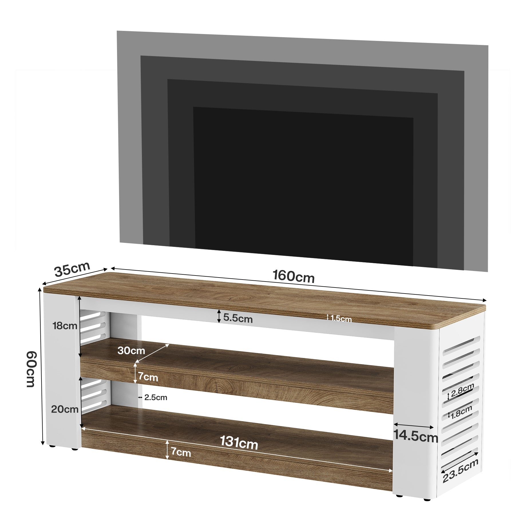 160 cm TV-Lowboard für Fernseher bis 75 Zoll, 3-stufiges TV-Möbel mit Stauraum und Lamellen-Seiten