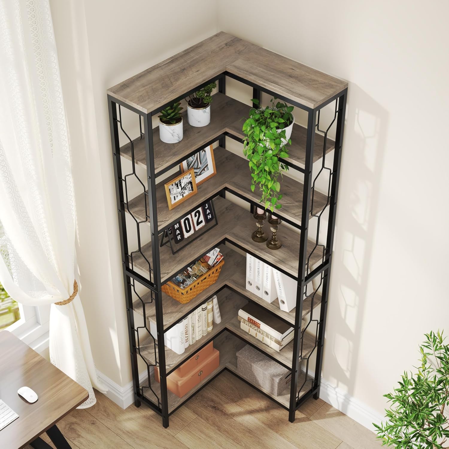 Freistehendes Bücherregal von Tribesigns, Eckregal aus Holz mit 7 Ebenen